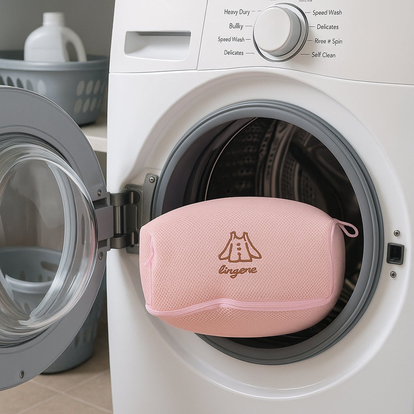 Hand holding the soft 3D air-mesh material of the laundry bag.
