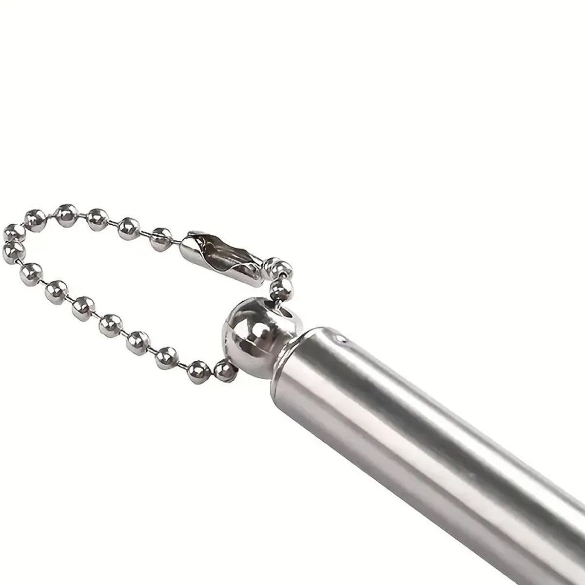 Close-up of the silver ball chain and the end of the silver telescoping handle of the back scratcher.