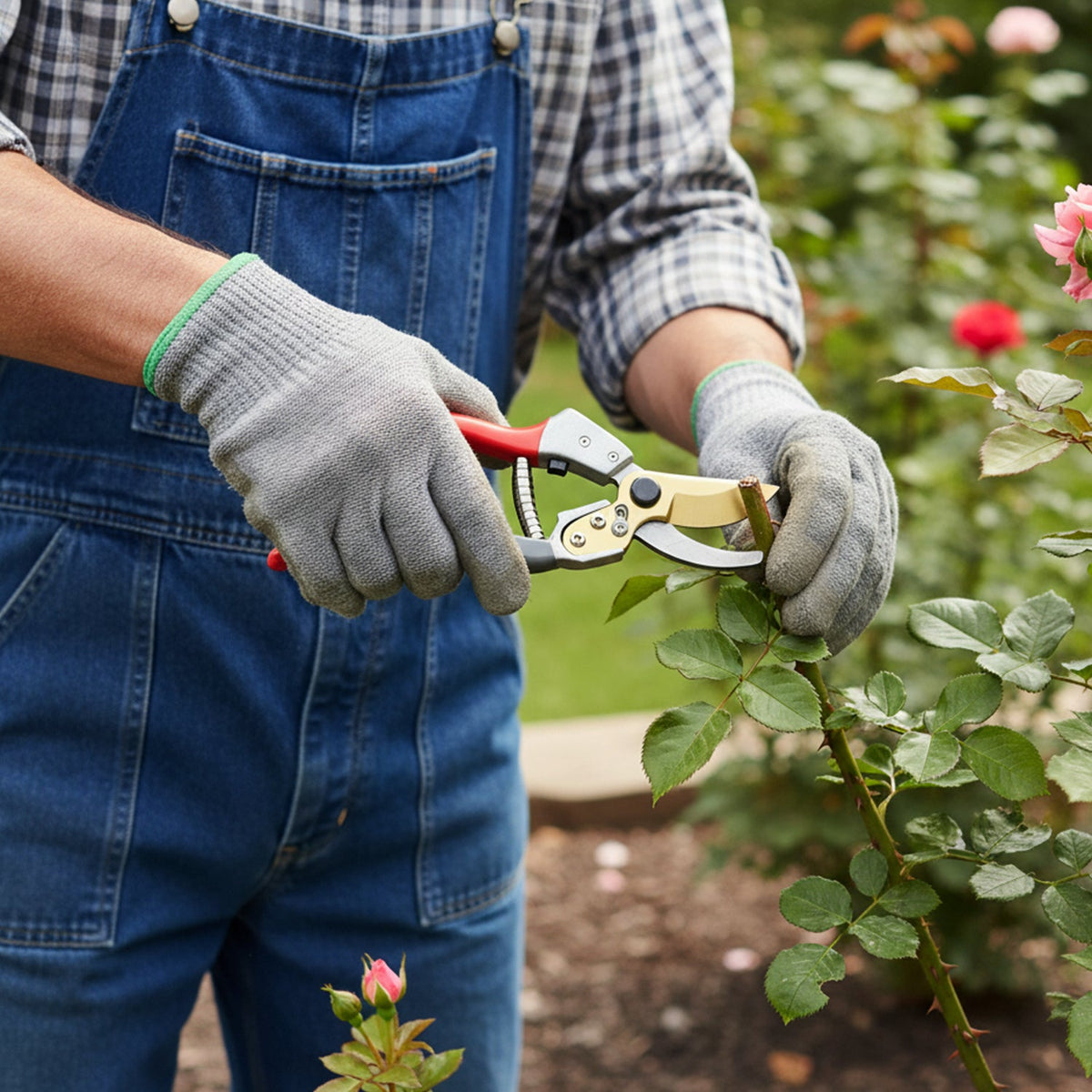 A person in denim overalls and grey gloves with green cuffs uses red and grey garden shears to prune a rose bush.