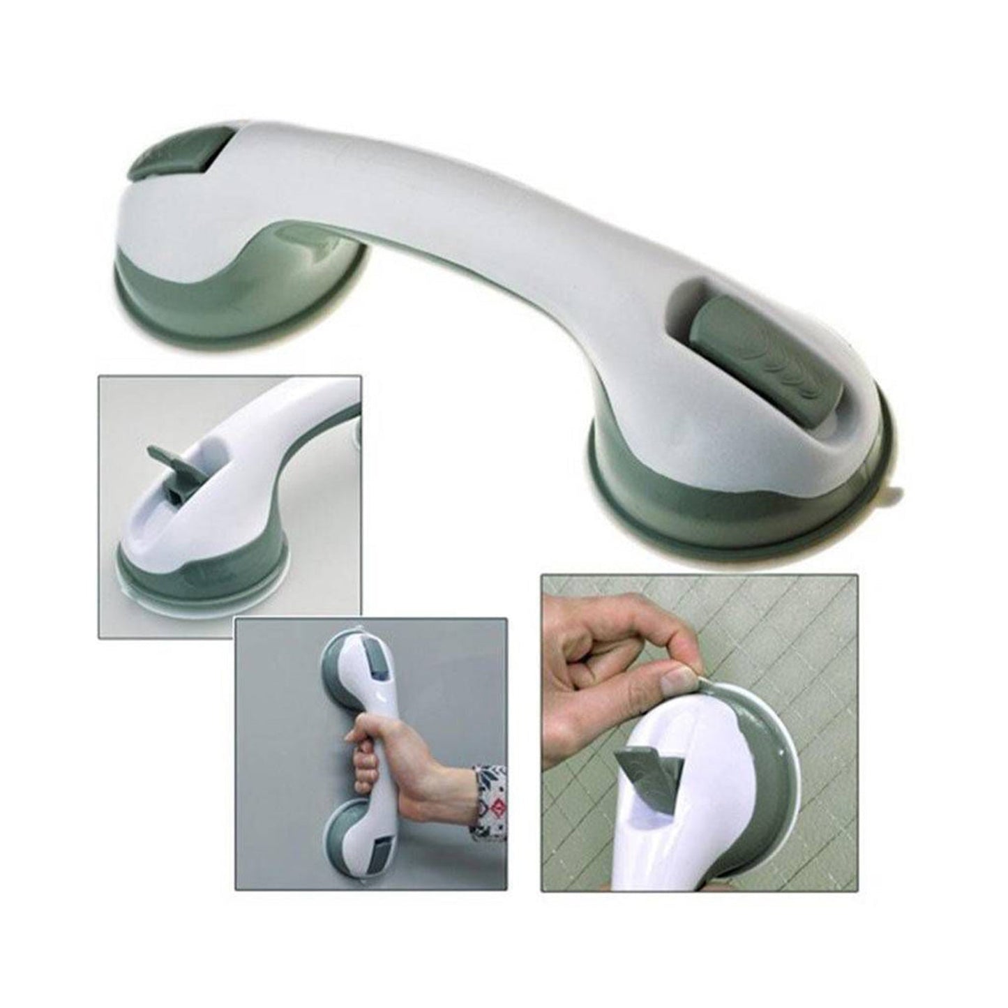 A white and gray suction grip handle is shown with inset images demonstrating its use and features.