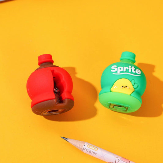 A 3D cold drink bottle shape pencil sharpener and eraser set for kids.