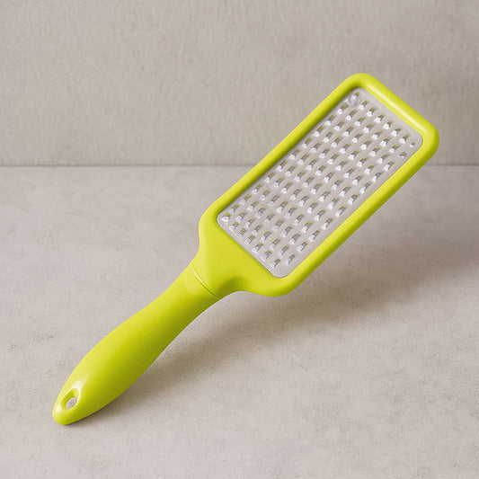 A CookAura Stainless Steel Cheese Grater with a black handle, featuring a sharp grating surface.
