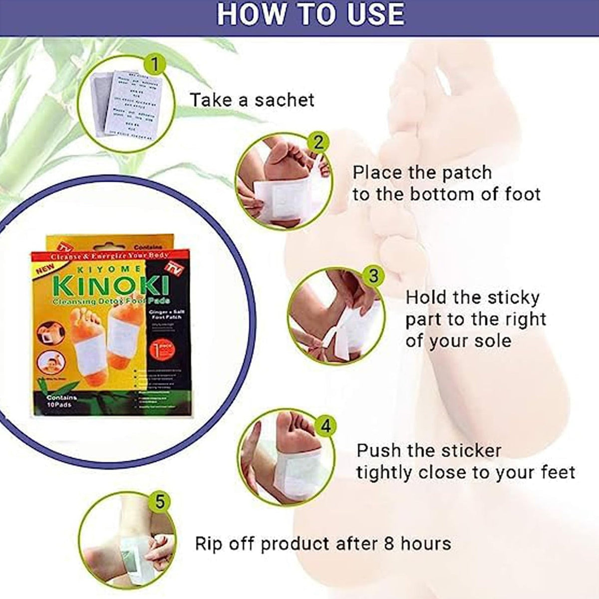 An infographic demonstrating how to use the foot pads, with step-by-step images and text.