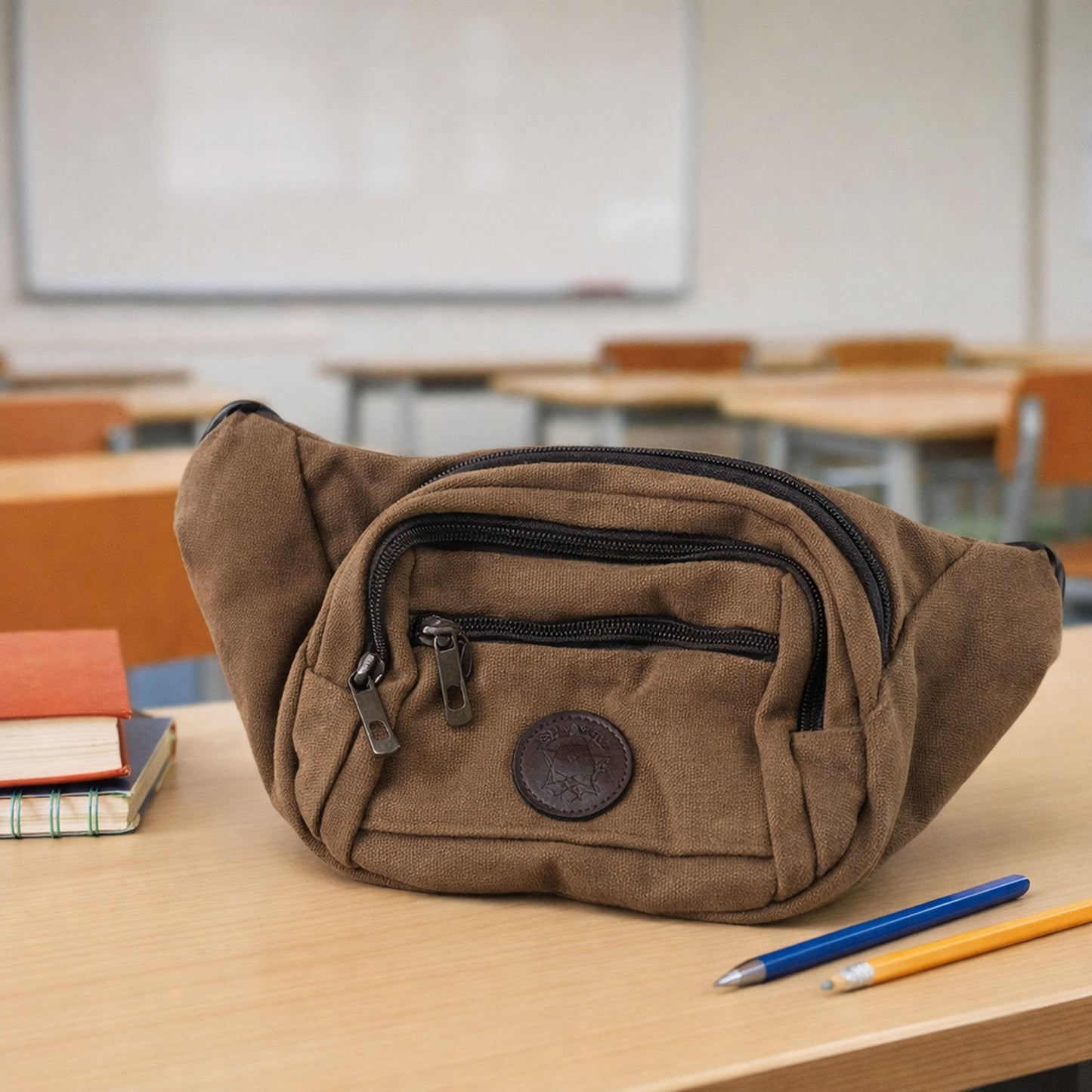 Adjustable strap canvas belt bag worn as sling bag for hands-free carry