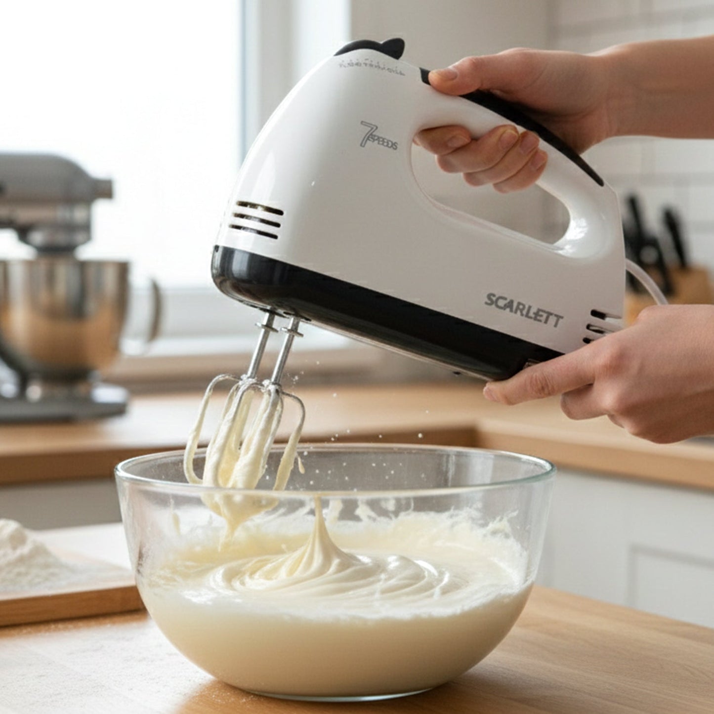 Stainless steel beaters included with electric hand mixer for effective mixing