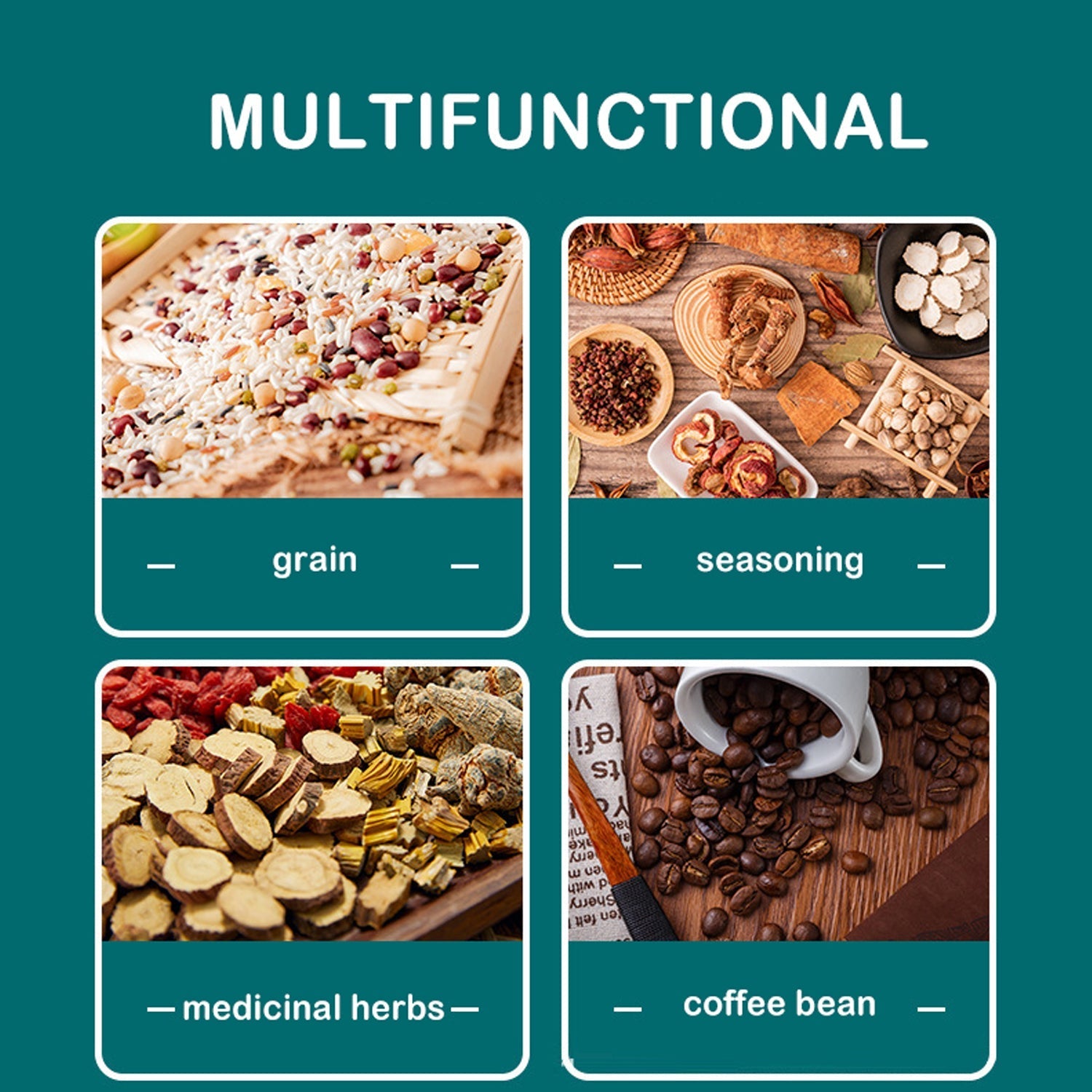 A grid of four images illustrates the grinder's versatility for grinding grain, seasoning, medicinal herbs, and coffee beans.