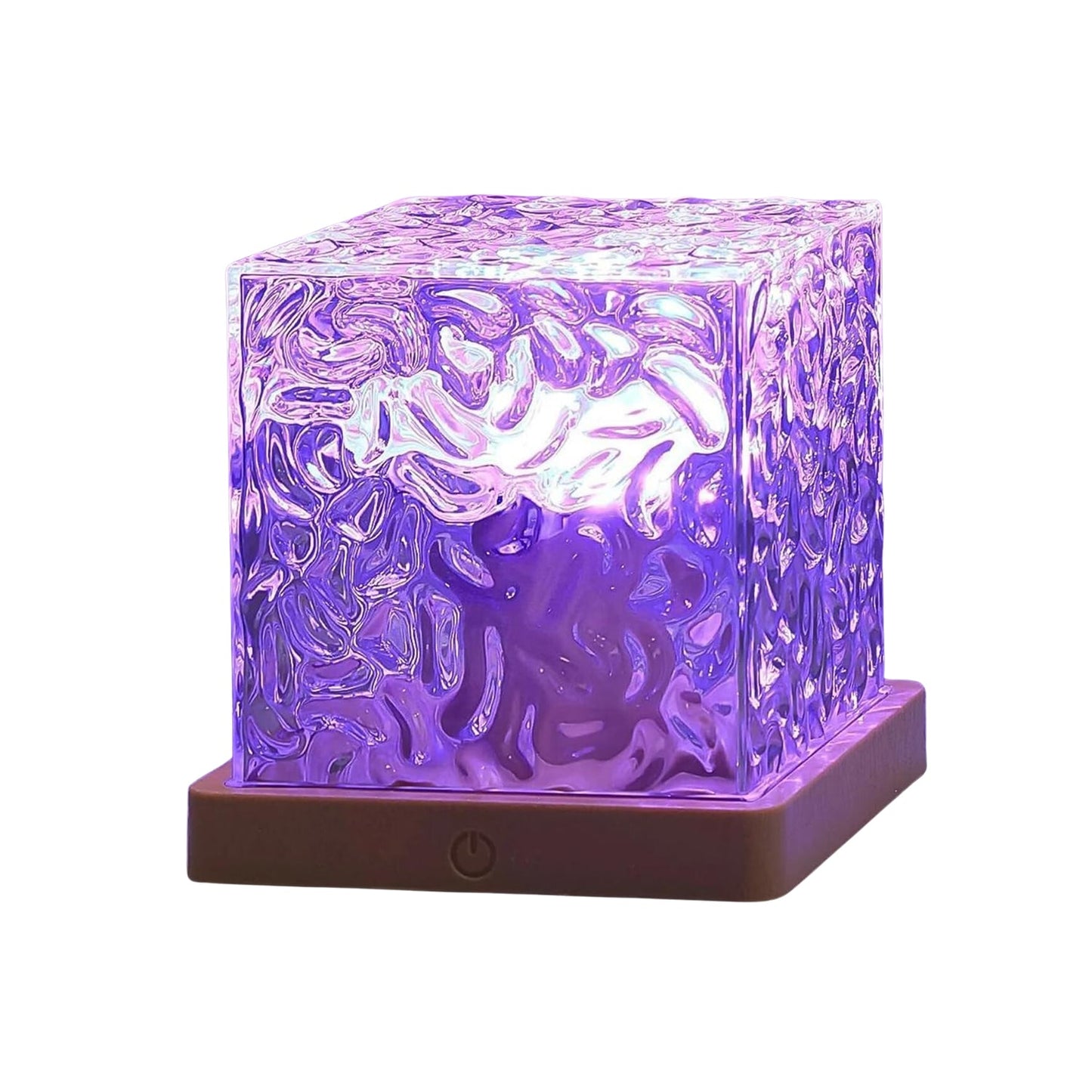 A crystal cube lamp with a textured surface, projecting purple light from a light brown base, isolated on white.