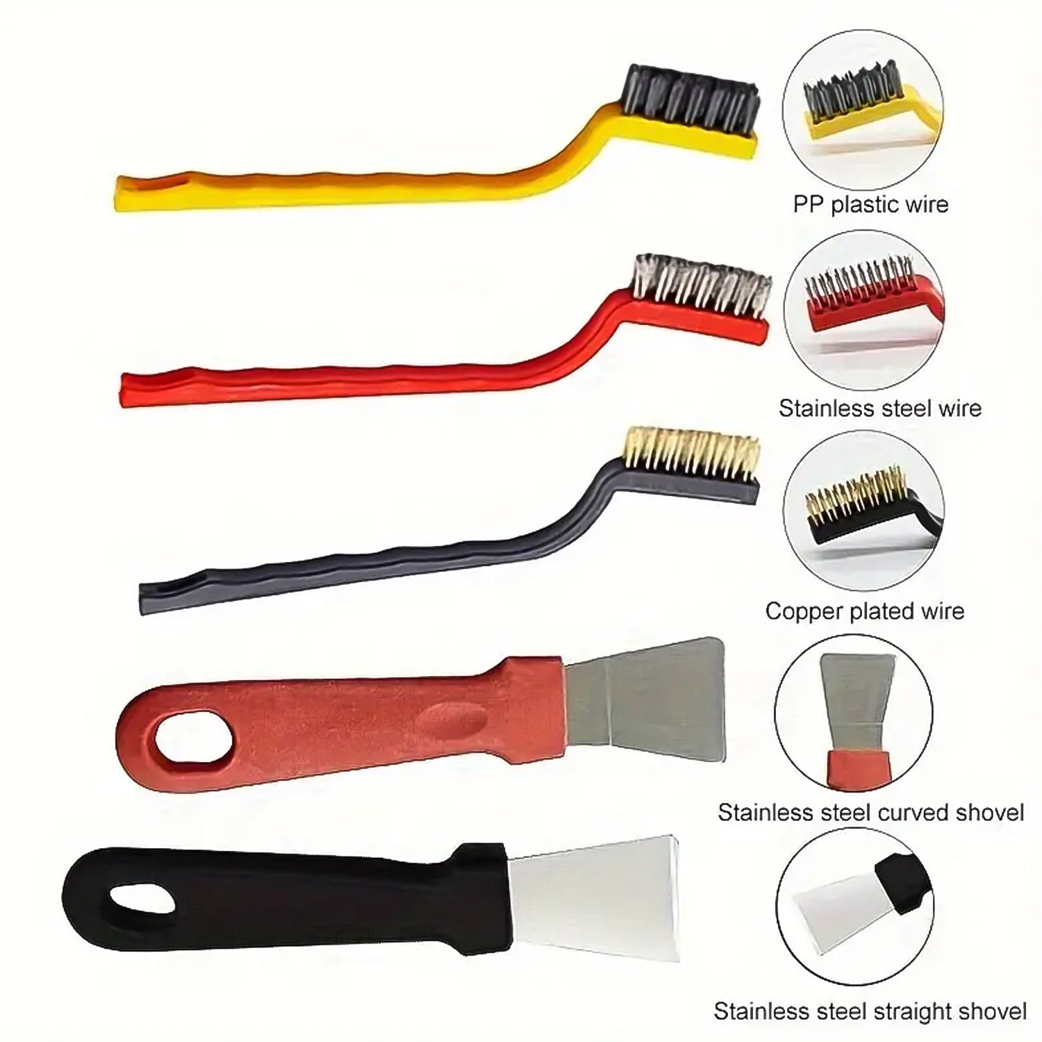The five cleaning tools are laid out with labels indicating the material of each brush and scraper.
