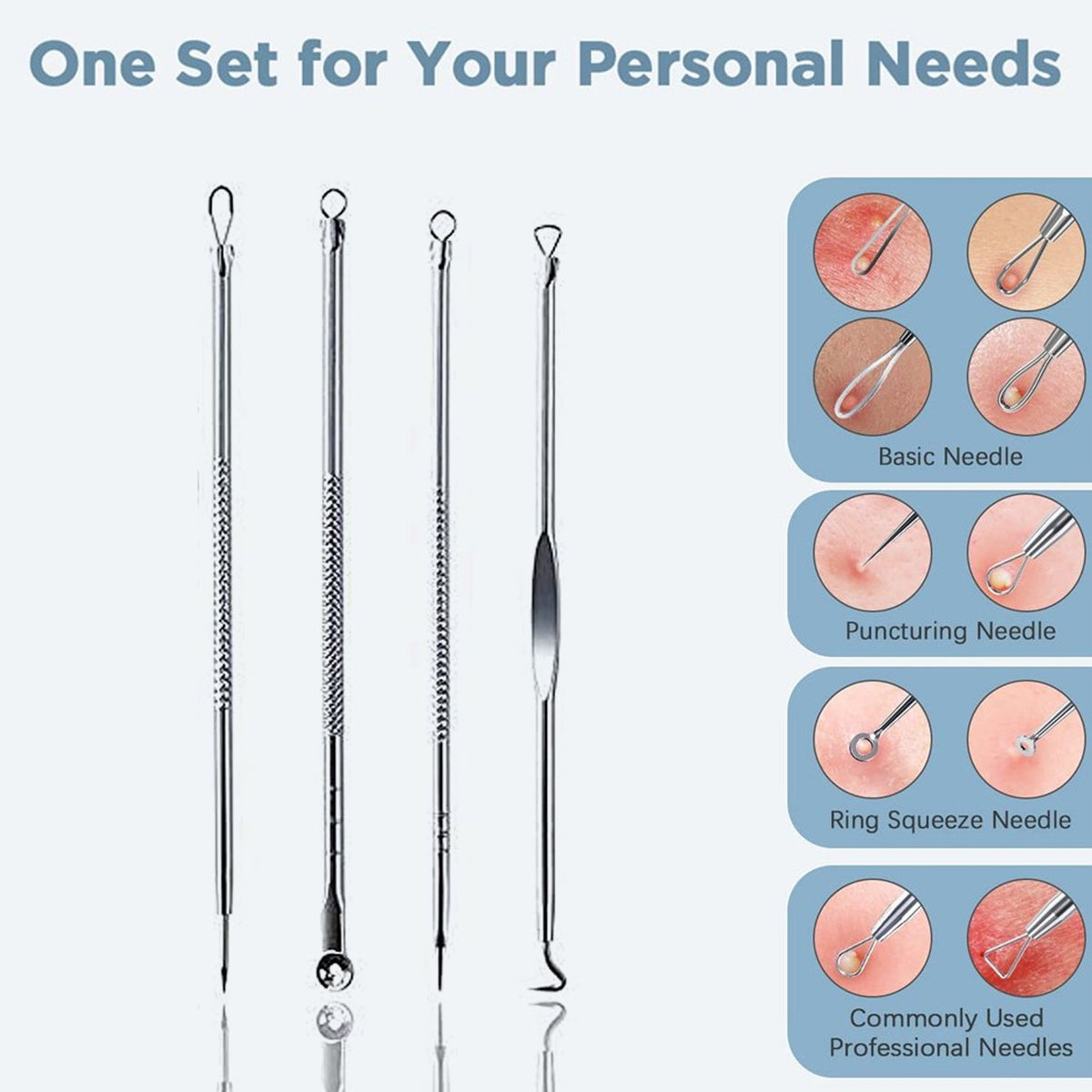 Four stainless steel blackhead remover tools are displayed with diagrams showing their different uses on skin.