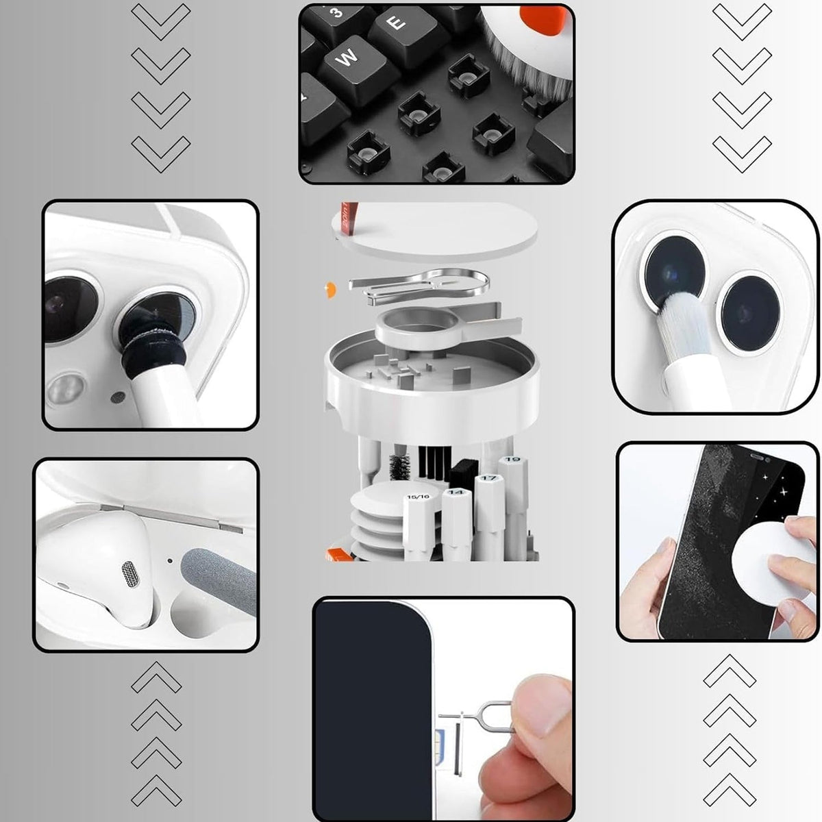 Seven insets demonstrating the multi-tool cleaning kit's use on keyboards, earbuds, phone screens, and SIM card slots.