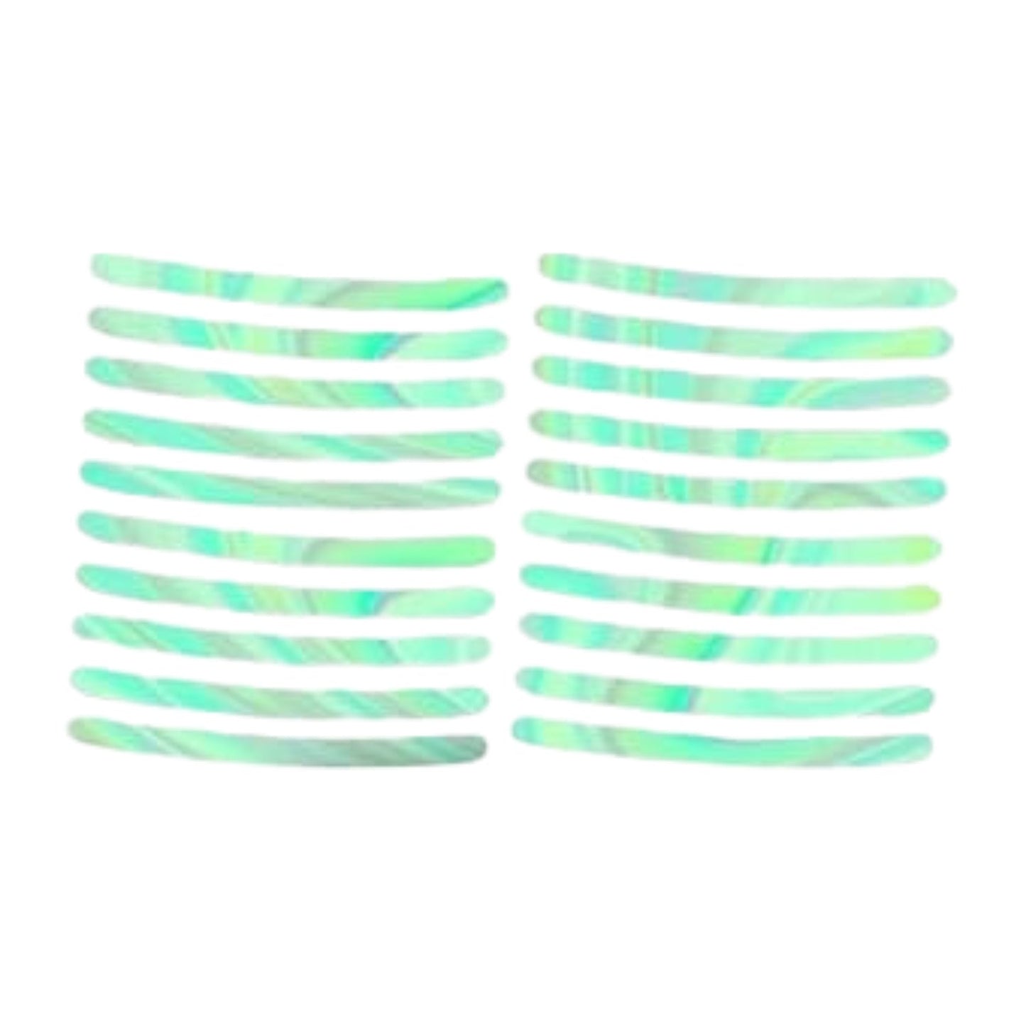 Twenty reflective sticker strips arranged in two columns on a white 