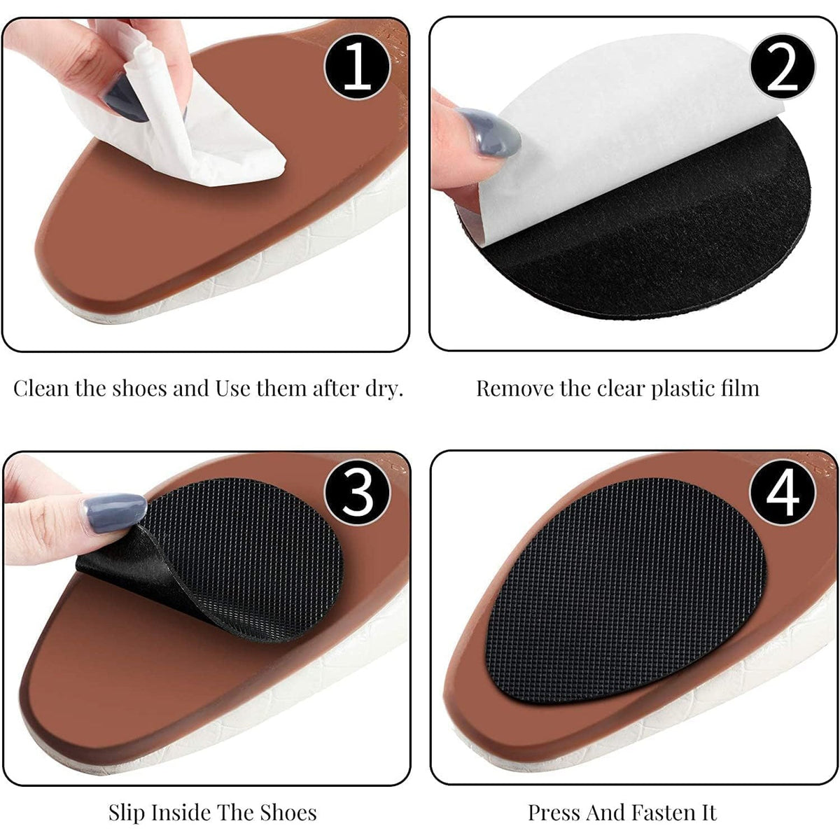 Four steps illustrate how to clean the shoe, remove film, slip the pad inside, and press it to fasten.