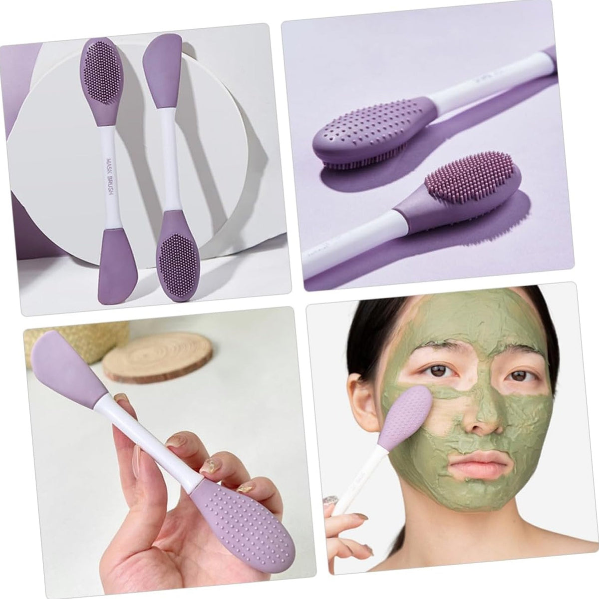 A four-panel collage showing two brushes, a close-up of the brush heads, a hand holding a brush, and a woman applying a mask.