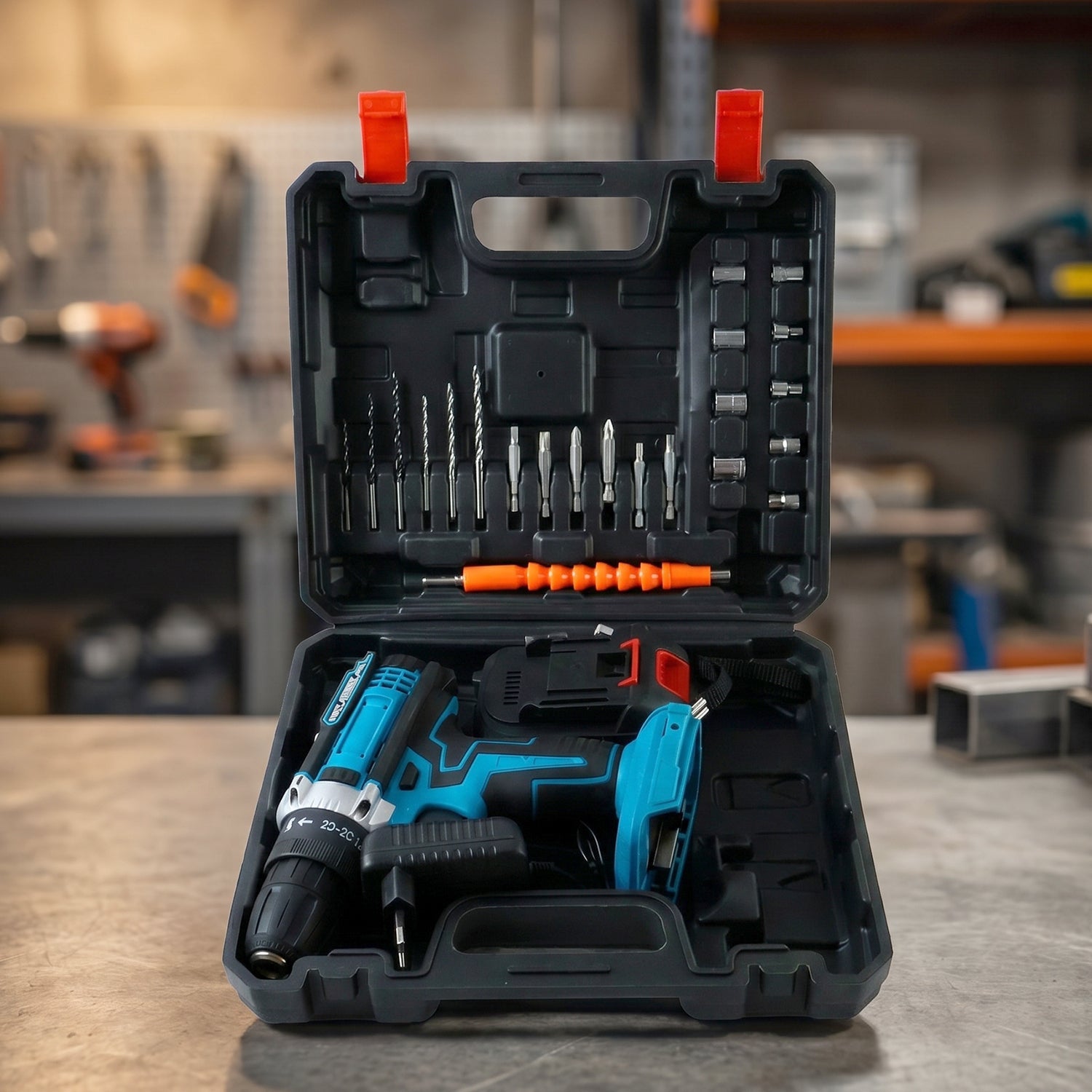 An open black carrying case reveals a blue and black cordless drill, battery, charger, and an assortment of drill bits.