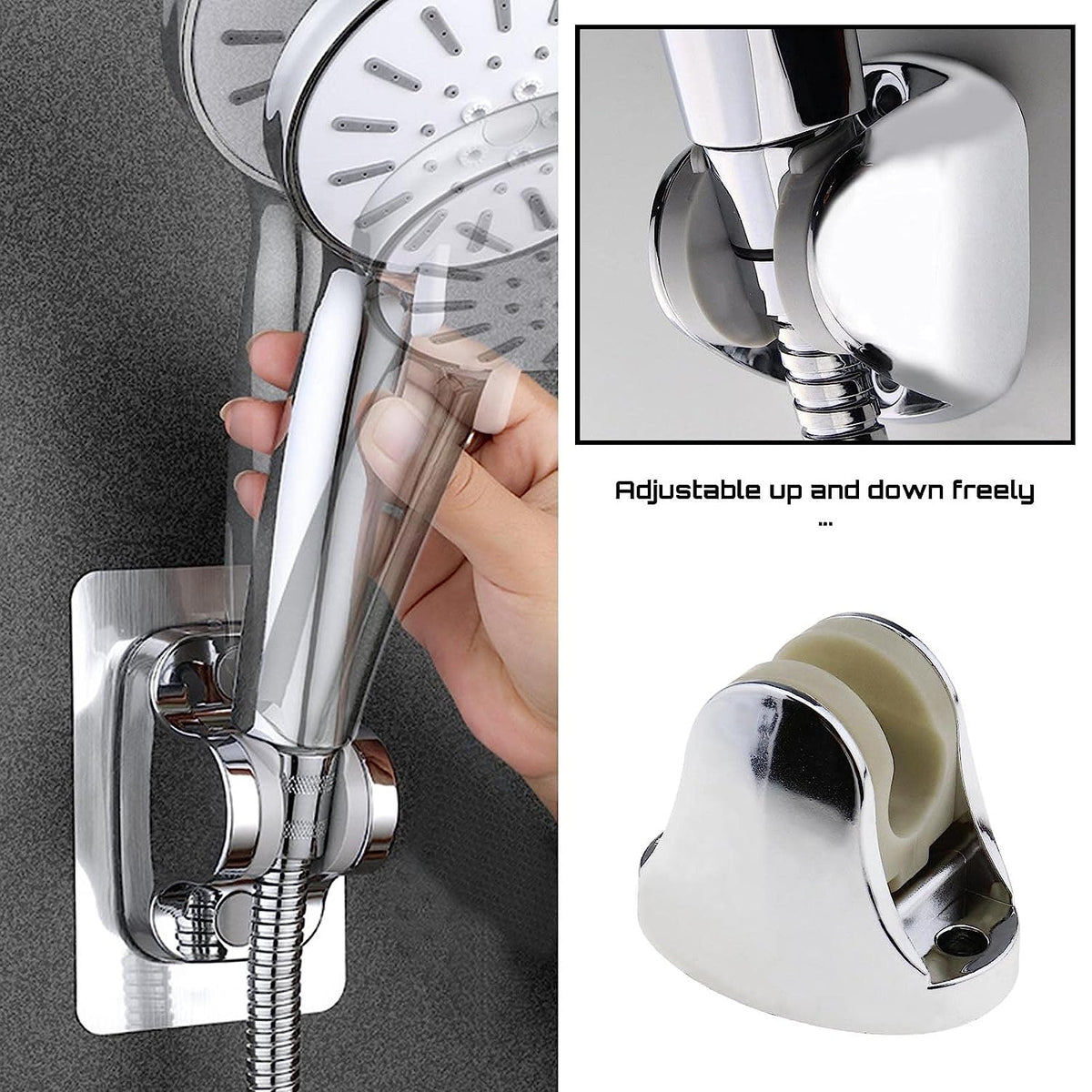 A hand adjusts a silver shower head in a chrome holder on a gray wall, with an inset showing the holder's adjustability.