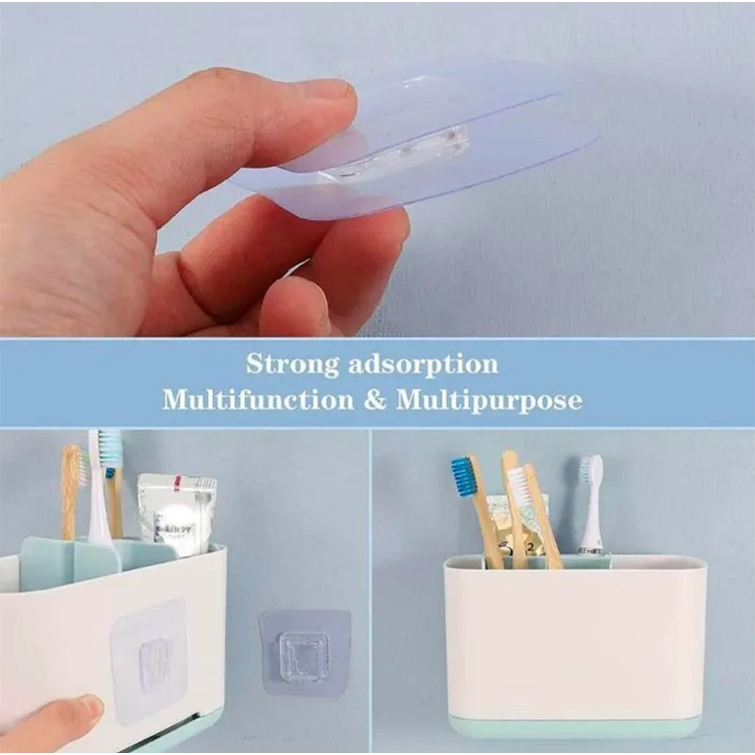 A hand holds a clear adhesive hook, with examples of it holding a toothbrush holder below.