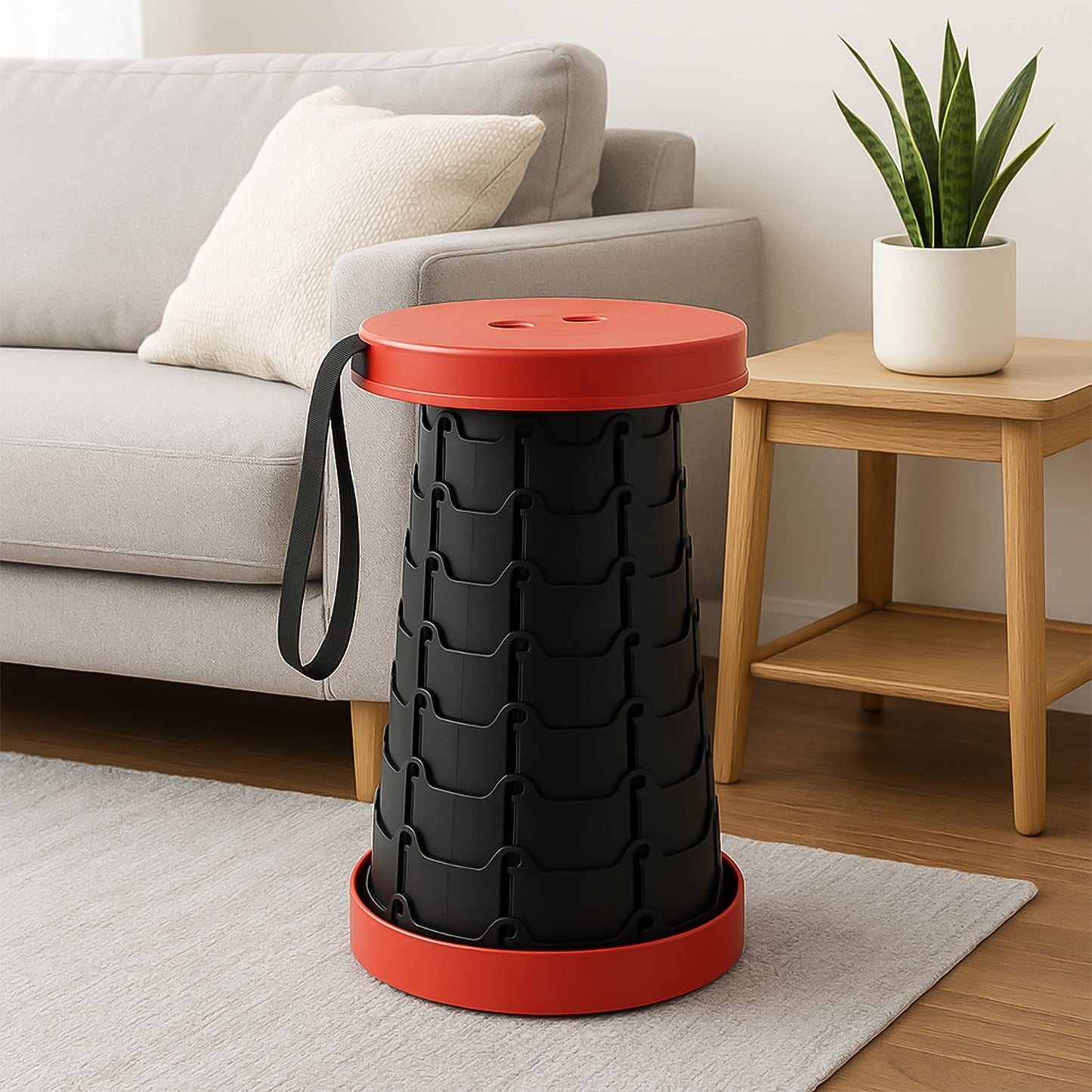 Close-up view of locking mechanism on telescopic folding stool