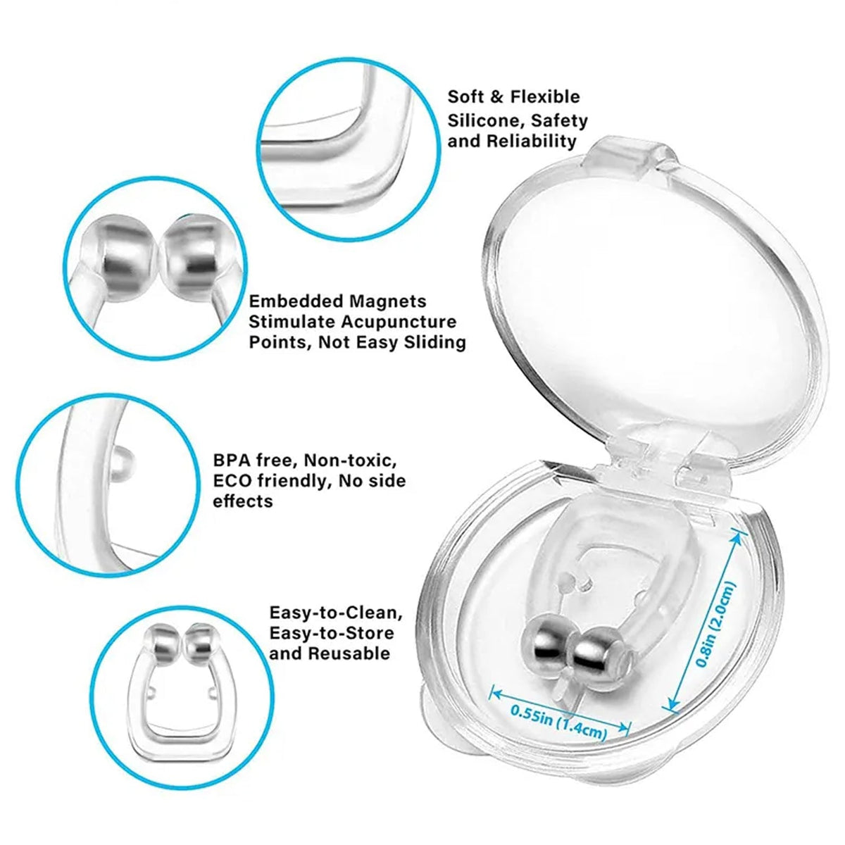 A clear silicone nose clip in its open case, with callouts detailing its features like embedded magnets and soft material.