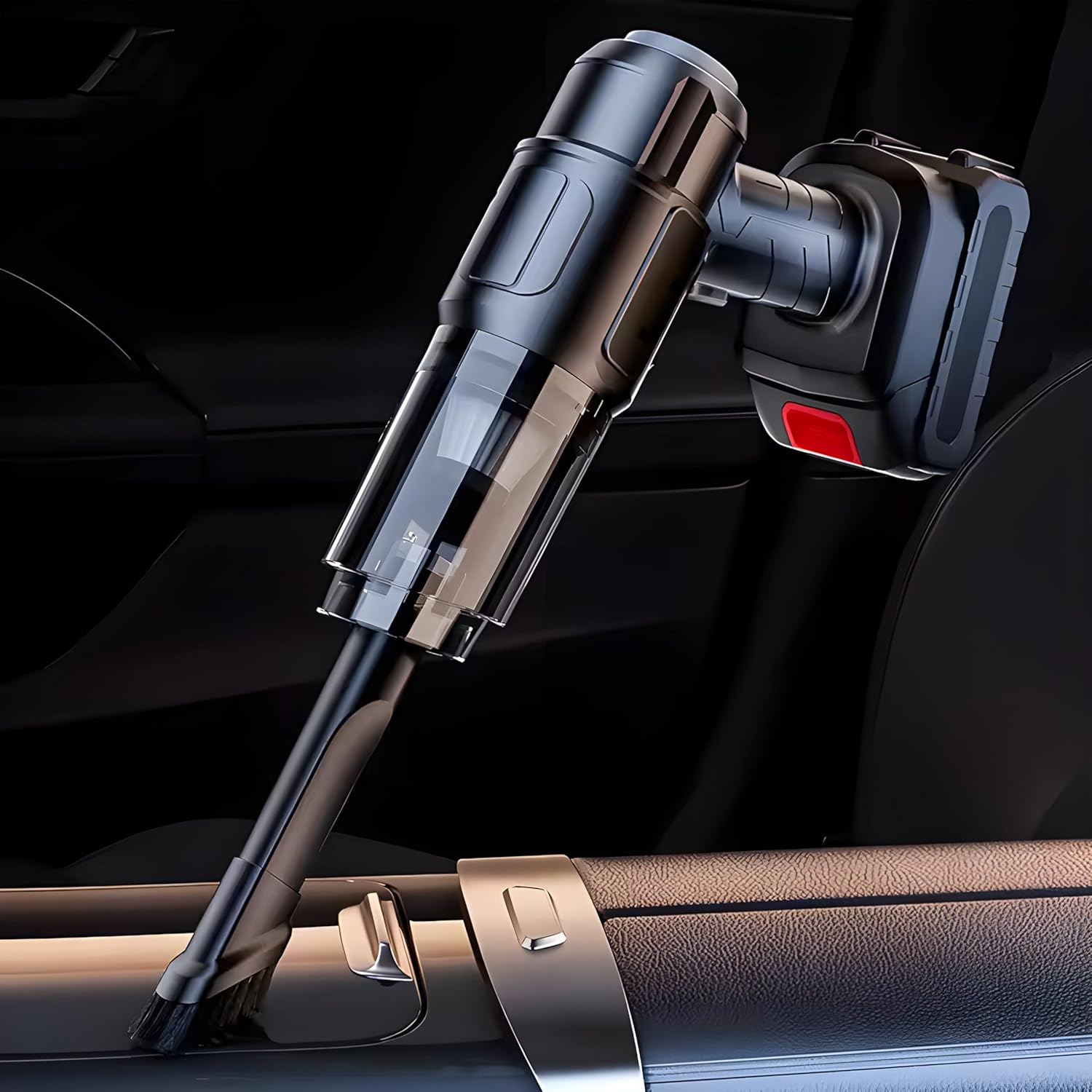 Black handheld vacuum cleaner with a brush attachment, cleaning a car's interior door panel.