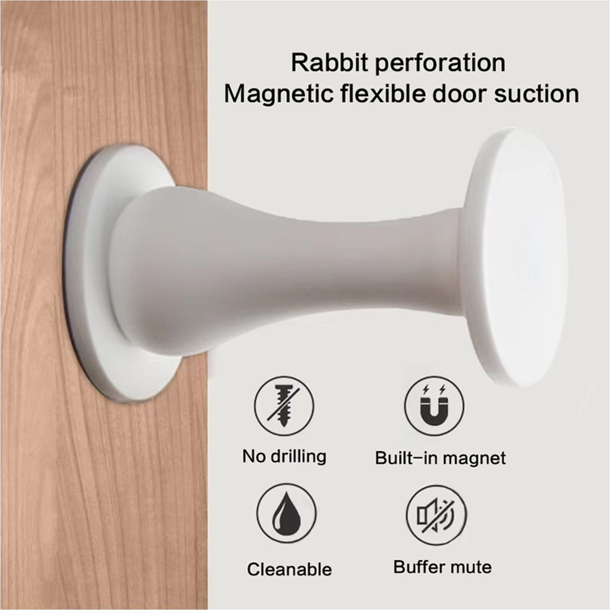 White magnetic door stop attached to a wooden door, with icons for 'No drilling', 'Built-in magnet', 'Cleanable', and