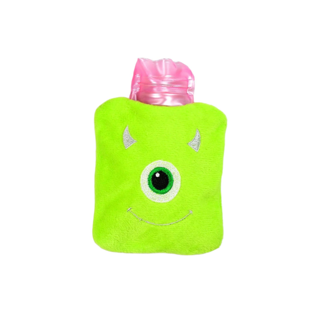 A bright green monster hot water bag with a single eye and small horns, featuring a pink plastic top.