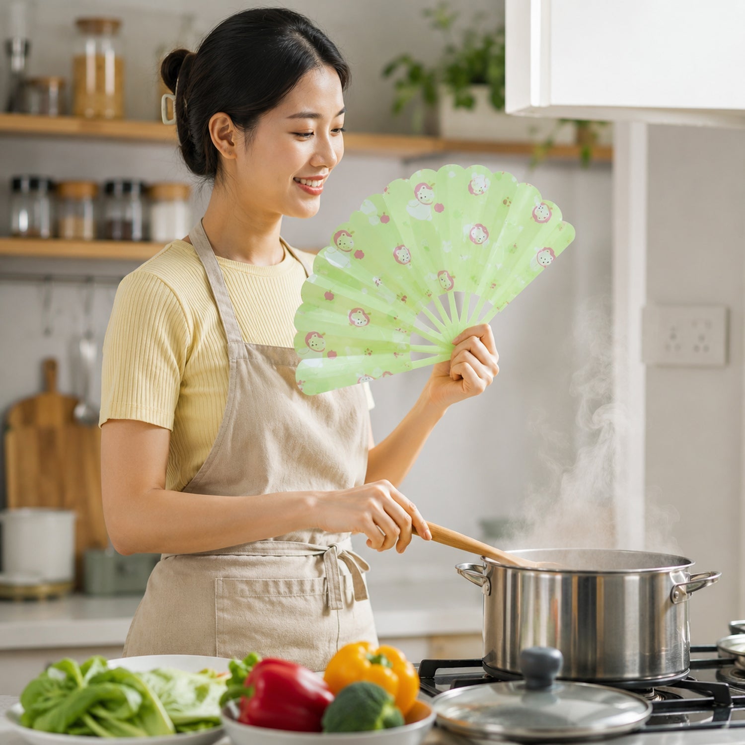 A woman in an apron stands in a kitchen, stirring a pot on the stove while fanning herself.