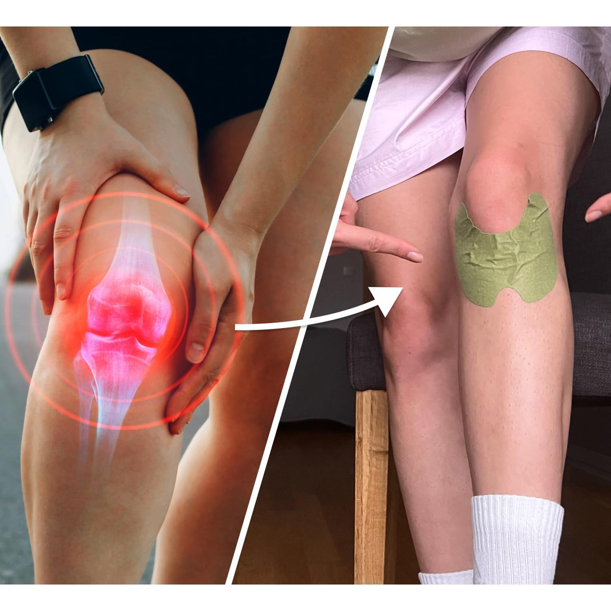 A split image shows a glowing red knee joint on the left and a knee with a green patch applied on the right.