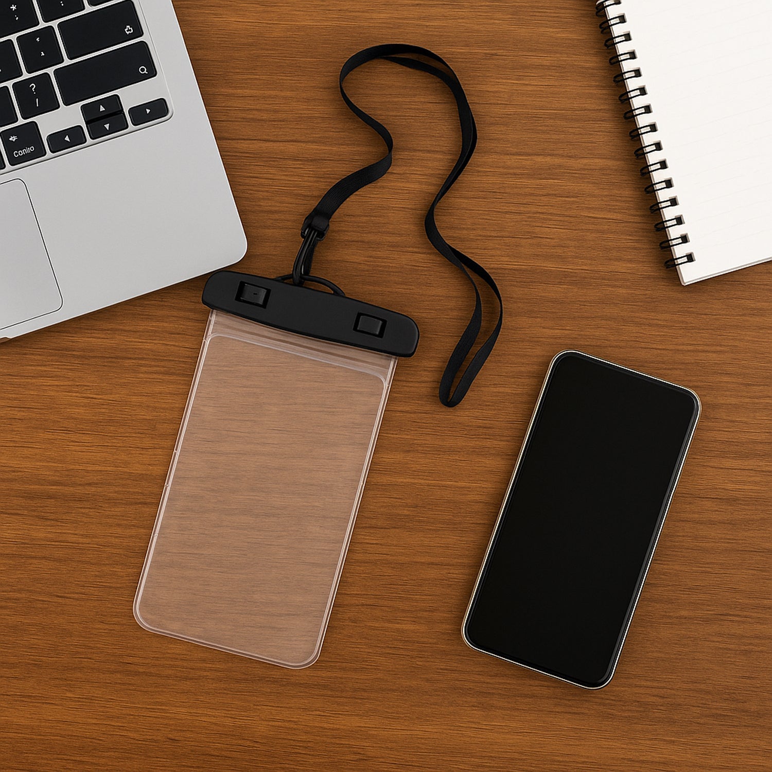 Side view of the transparent mobile pouch, highlighting its slim design.