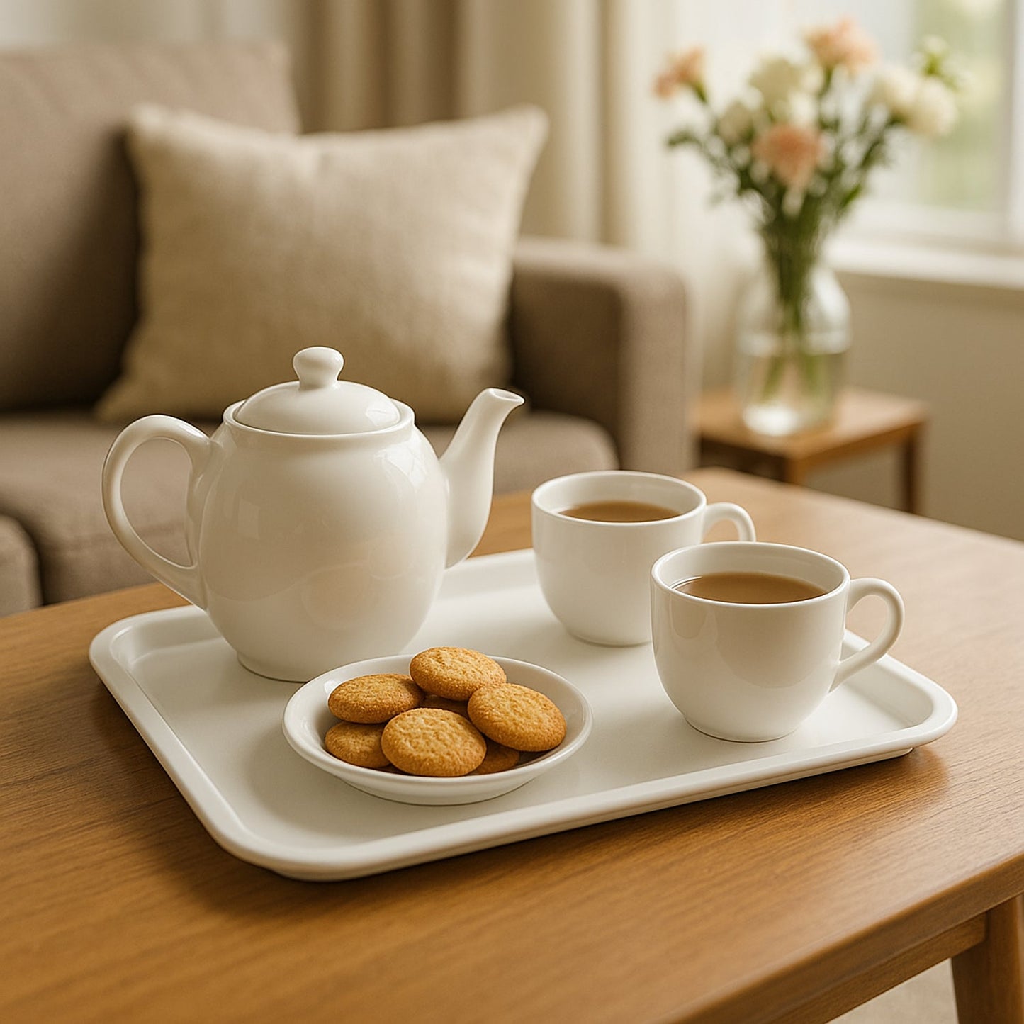Close-up of raised rim and smooth surface on white plastic serving tray