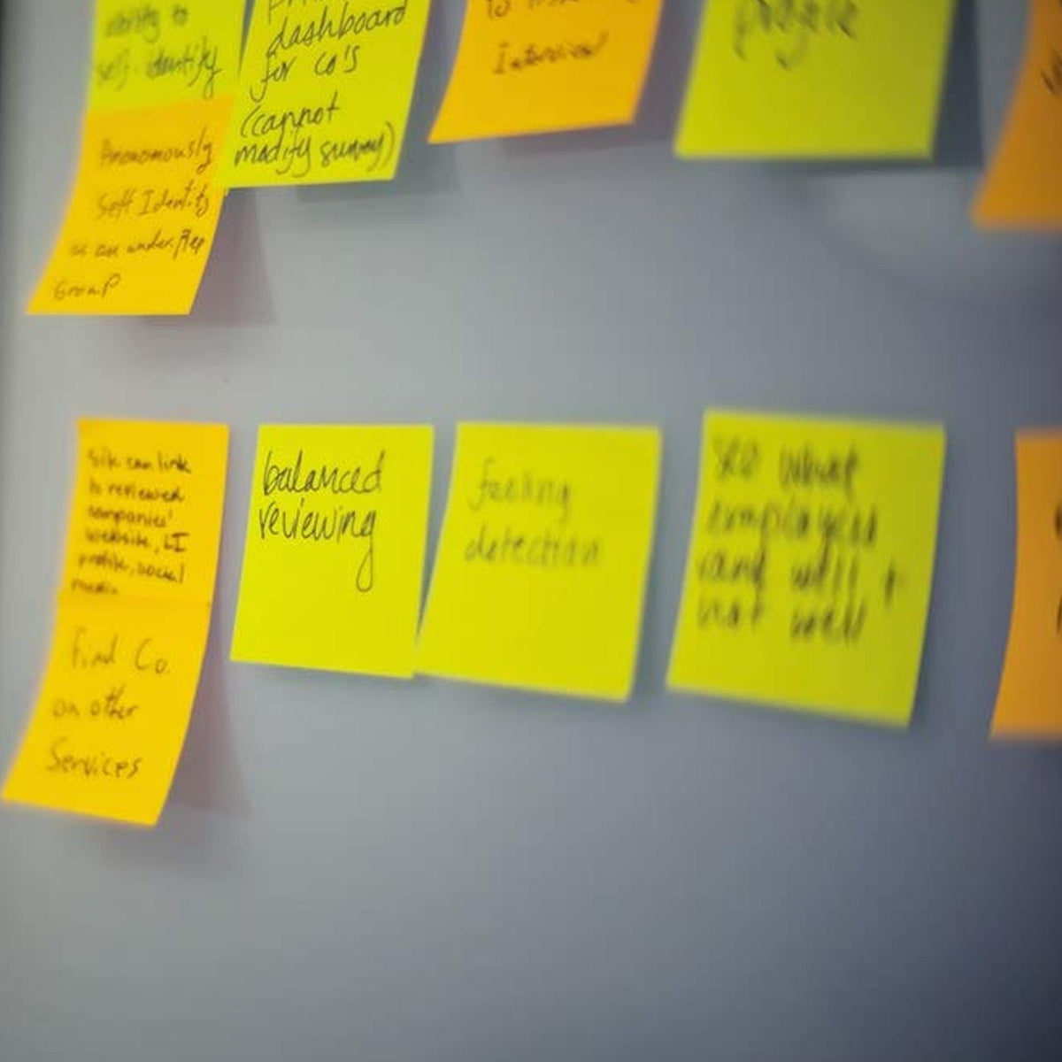A close-up of several yellow sticky notes with handwritten text, attached to a gray wall.