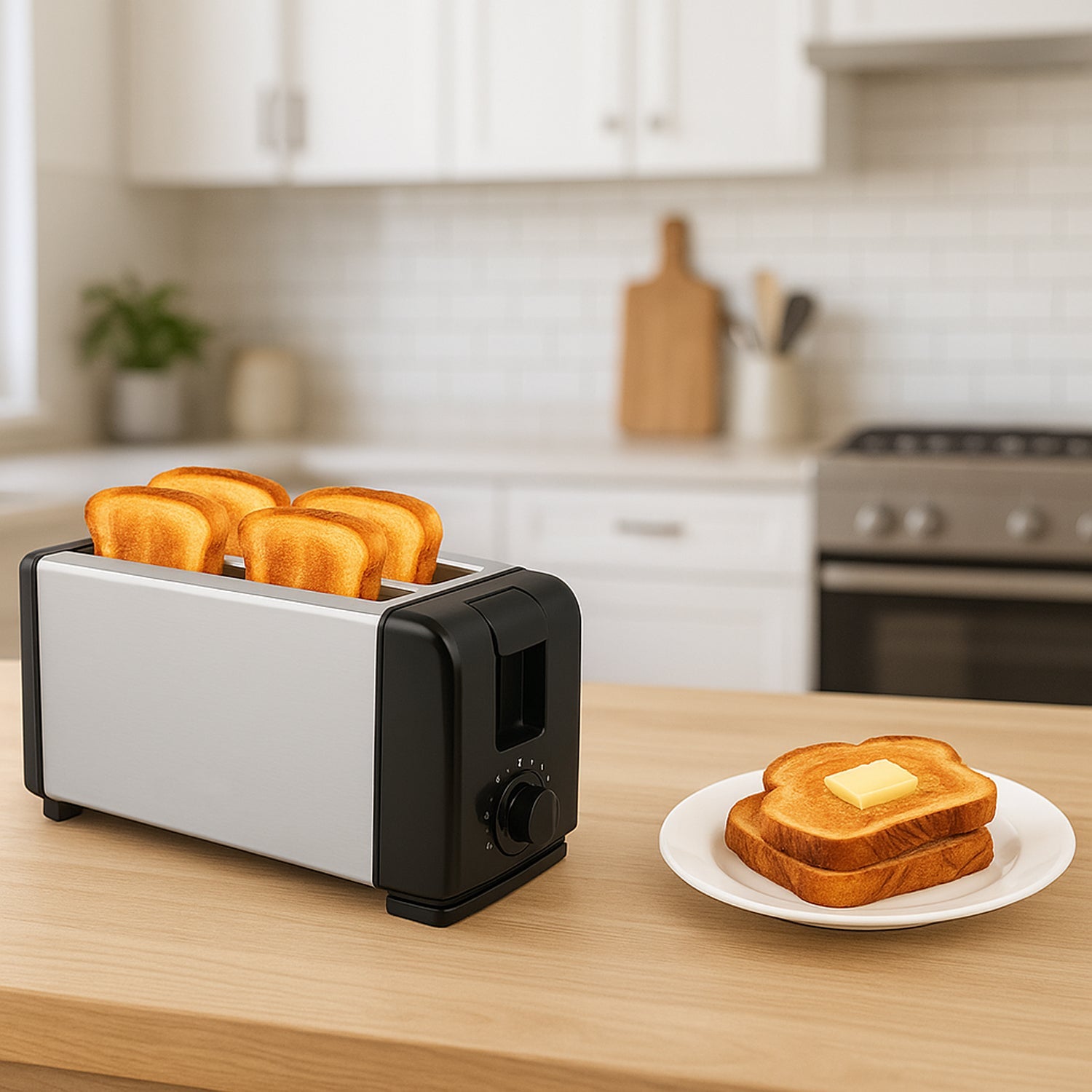Three-quarter view of Orbit pop-up toaster featuring stainless steel body