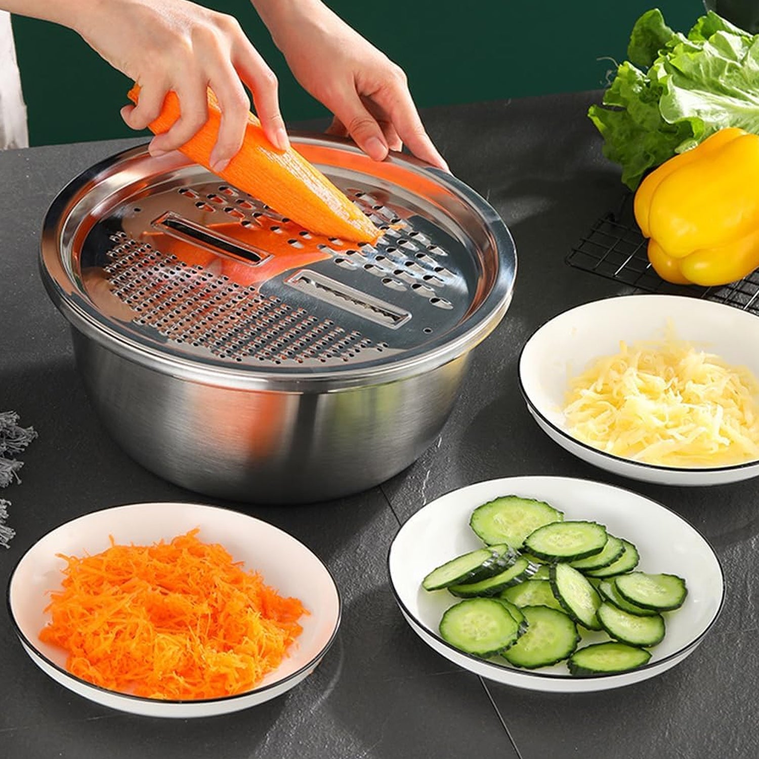 Compact stackable stainless steel kitchen bowls for versatile use