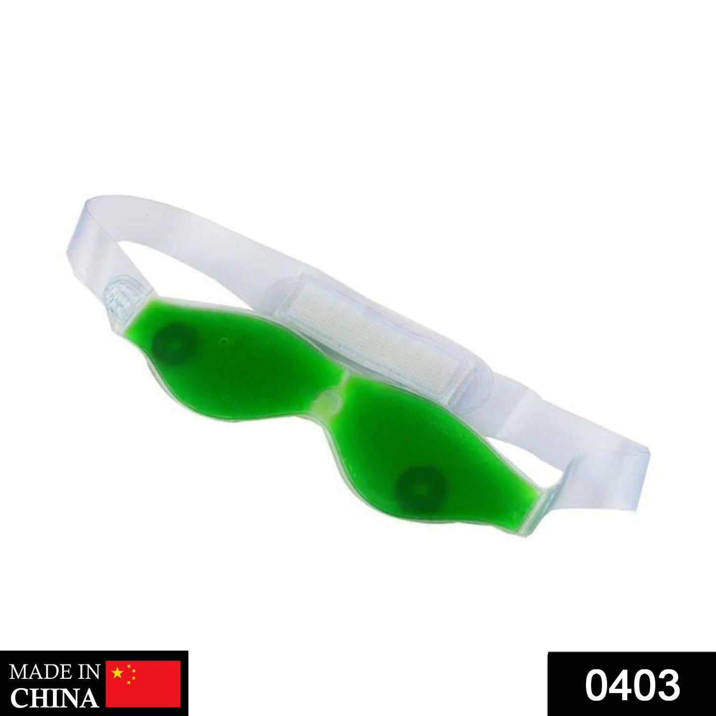 A green gel eye mask with a clear strap and white velcro closure is shown against a white background.