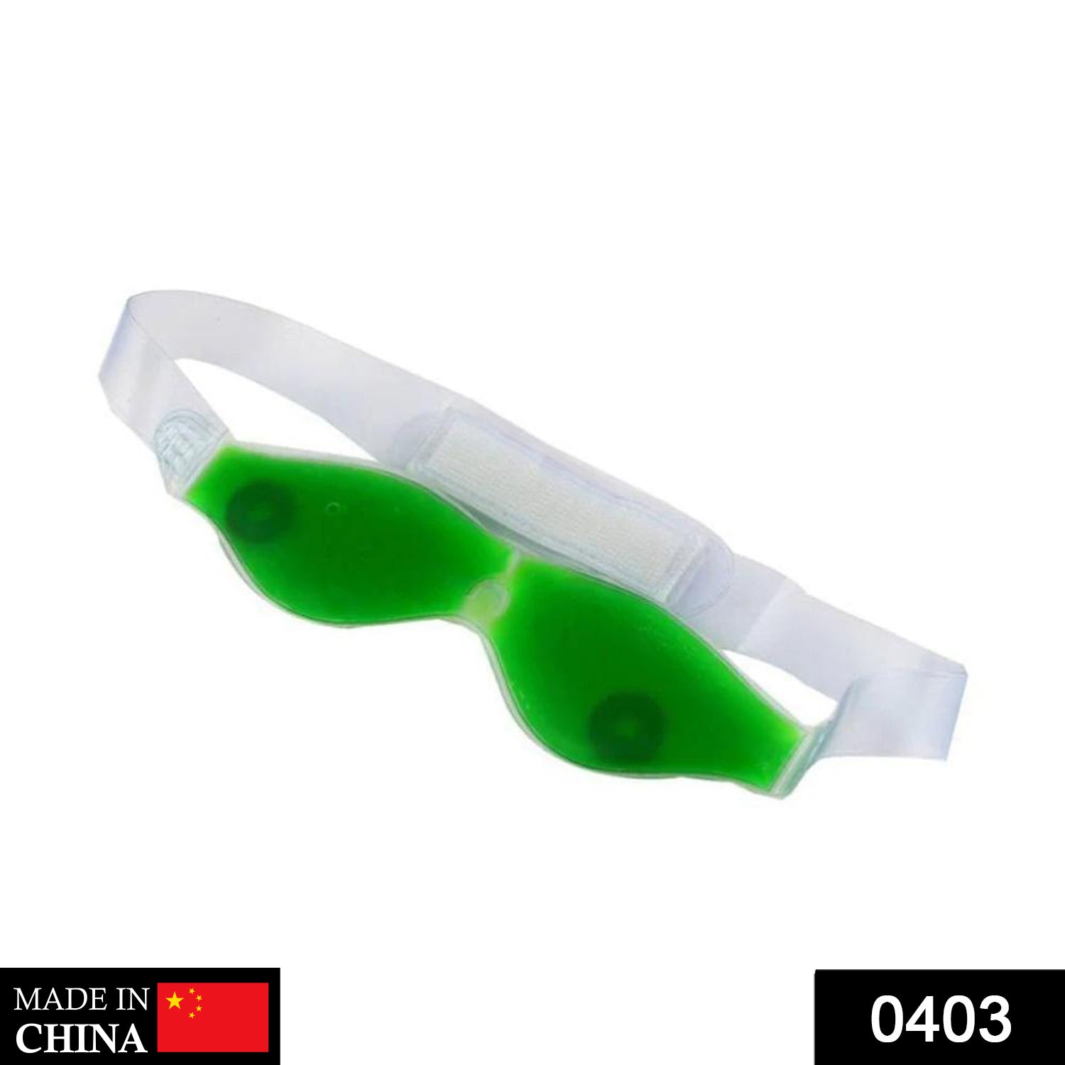 A green gel eye mask with a clear strap and white velcro closure is shown against a white background.
