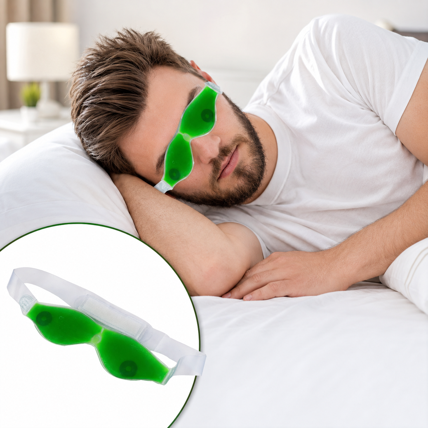 A man with a beard sleeps on a white pillow wearing a green gel eye mask, with an inset of the mask.