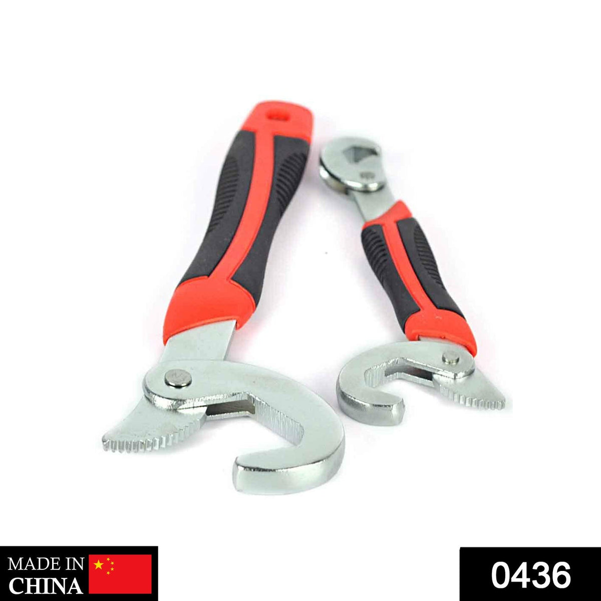 Two red and black universal snap grip wrenches are displayed against a white background, with a 'Made in China' label.