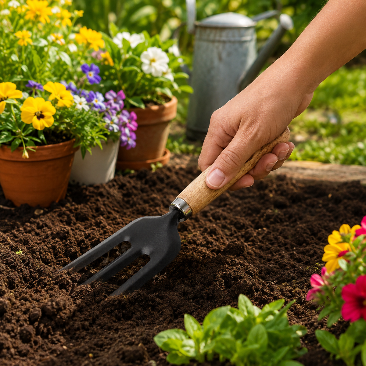 A hand uses a black three-tine garden fork with a wooden handle to cultivate dark soil amidst potted flowers.