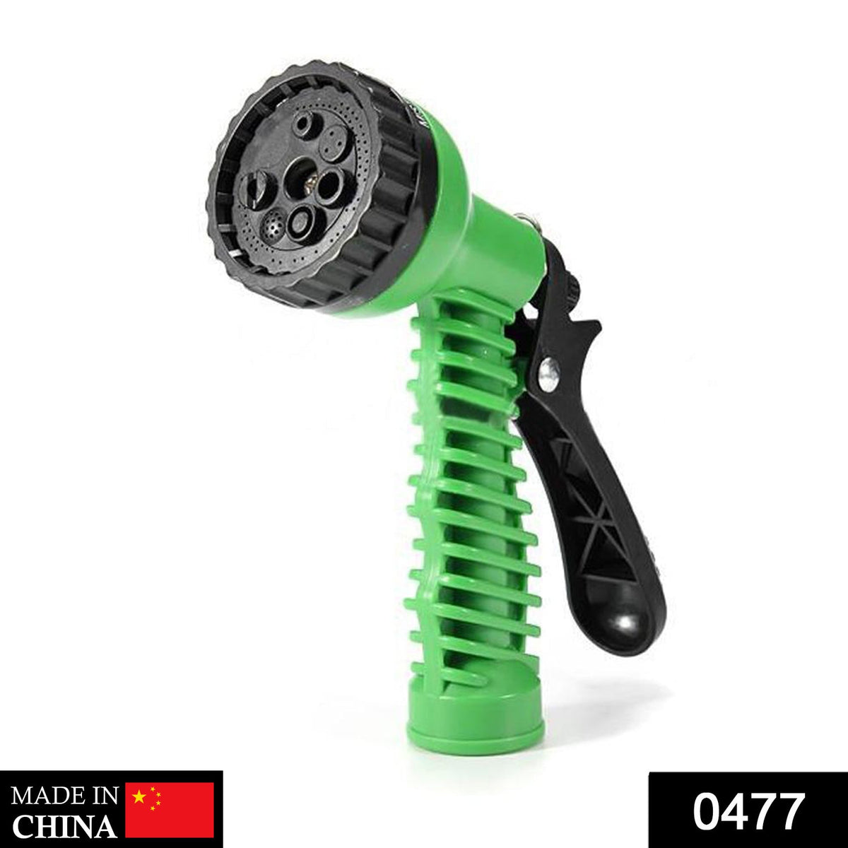 A green and black hose nozzle with an 8-pattern head is shown against a white background.