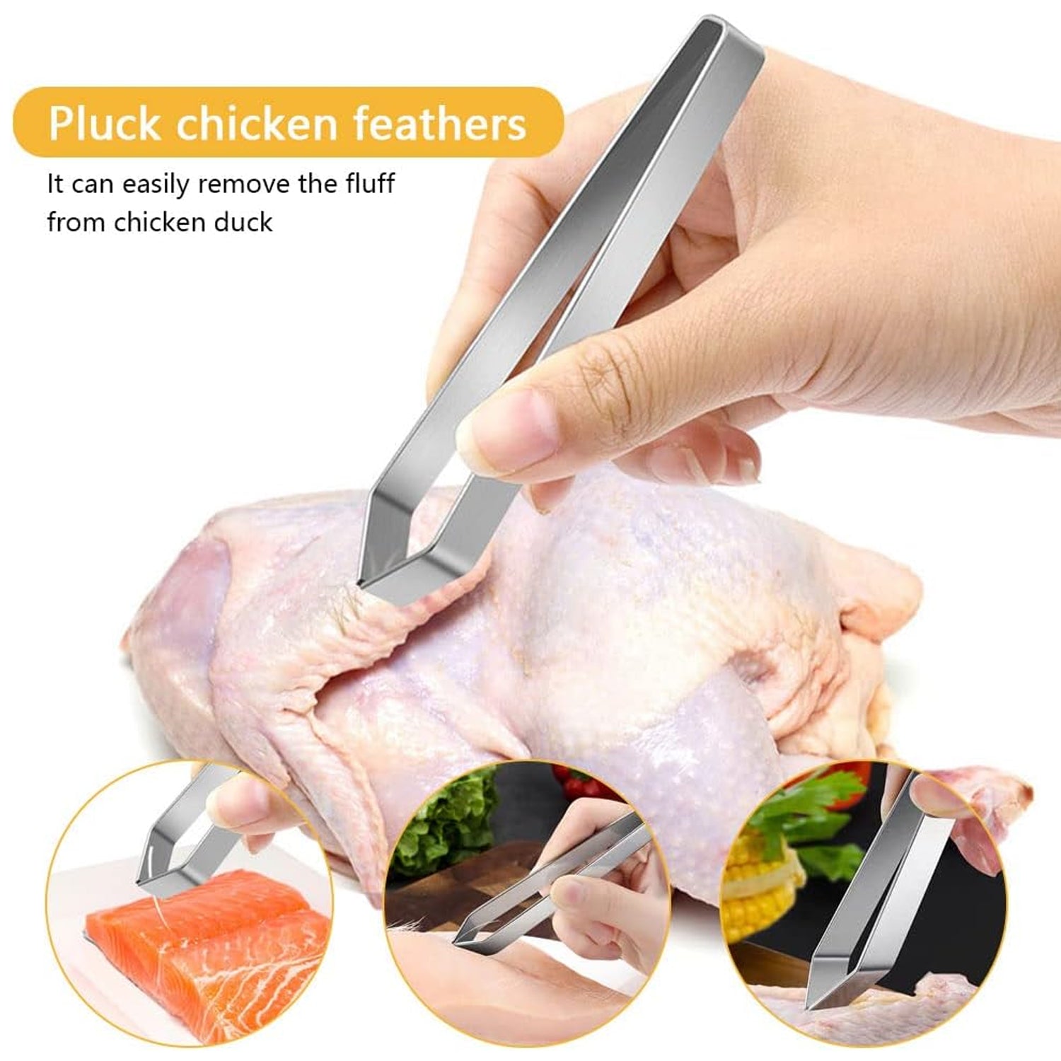 A hand uses silver stainless steel tweezers to pluck feathers from a whole raw chicken, with insets showing other uses.