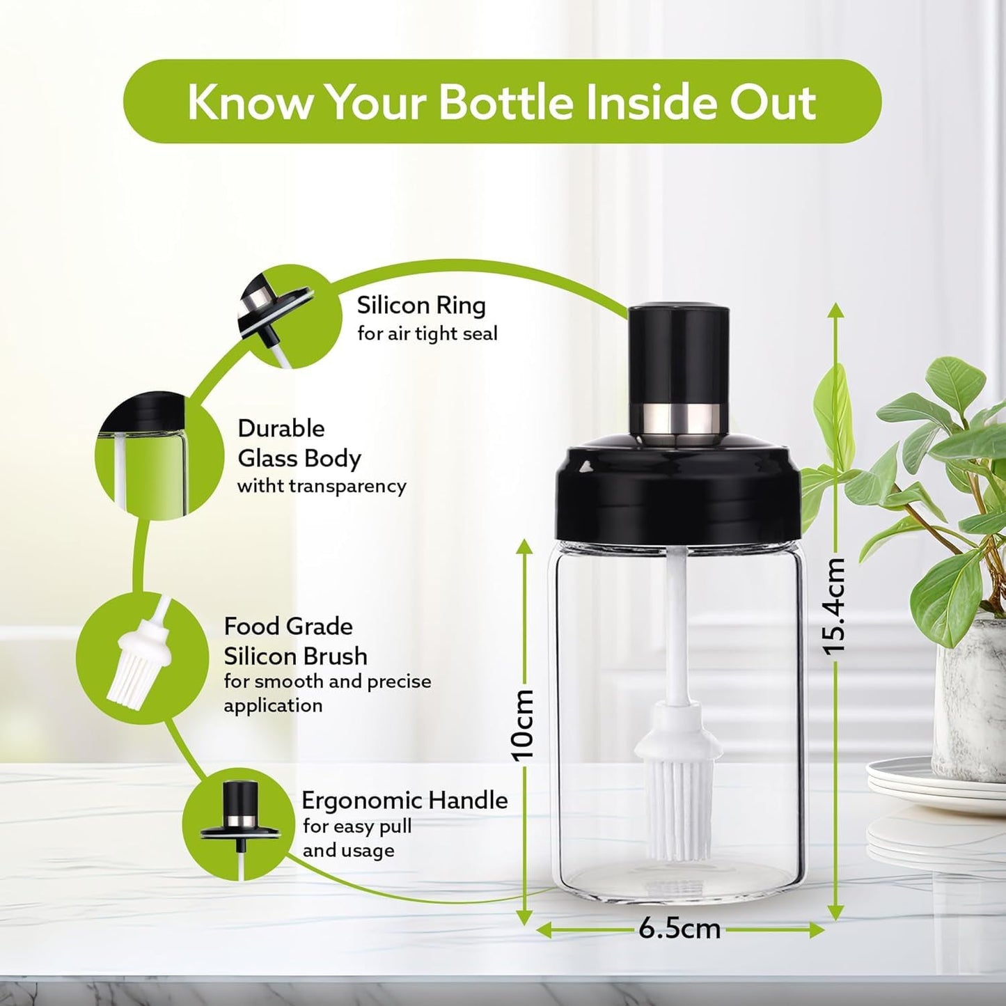 Silicone grip oil dispenser bottle with built-in brush for controlled basting