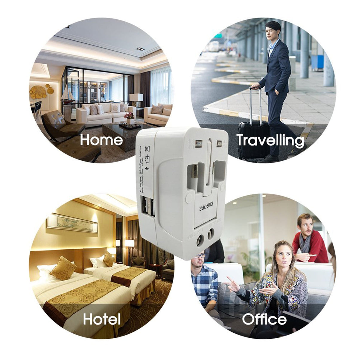 White universal travel adapter surrounded by four circular insets showing its use in home, travel, hotel, and office