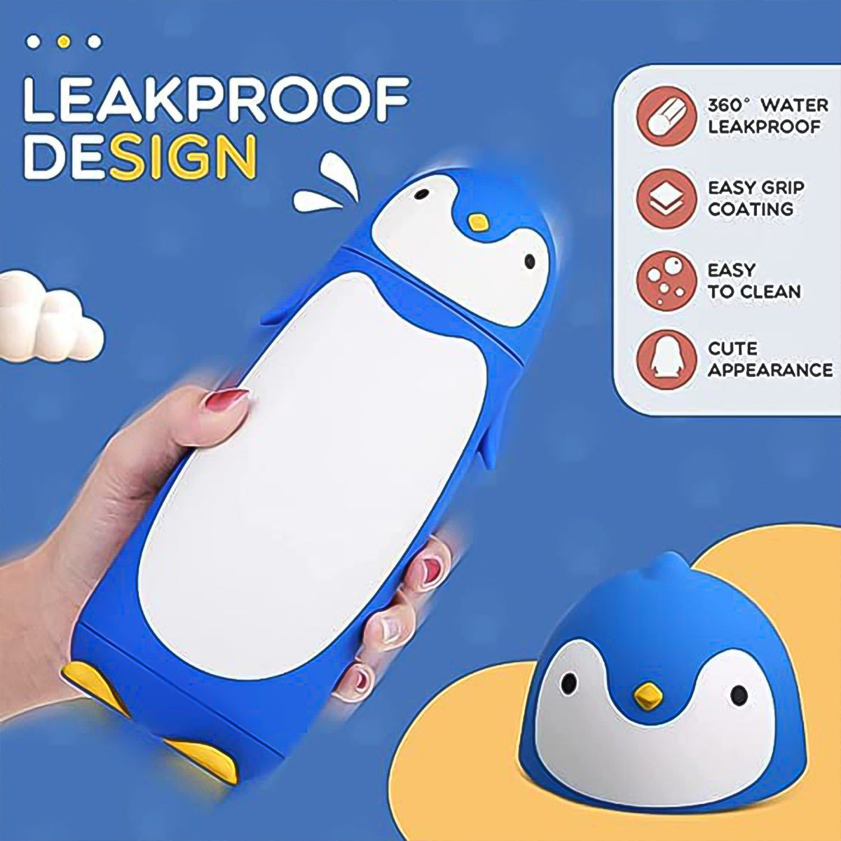 Hand holding a blue penguin water bottle, with text "LEAKPROOF DESIGN" and features like "EASY GRIP COATING".