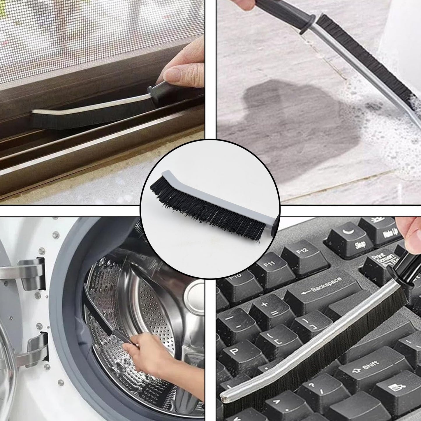 A four-panel collage shows the brush cleaning a window track, a floor, a washing machine, and a computer keyboard.