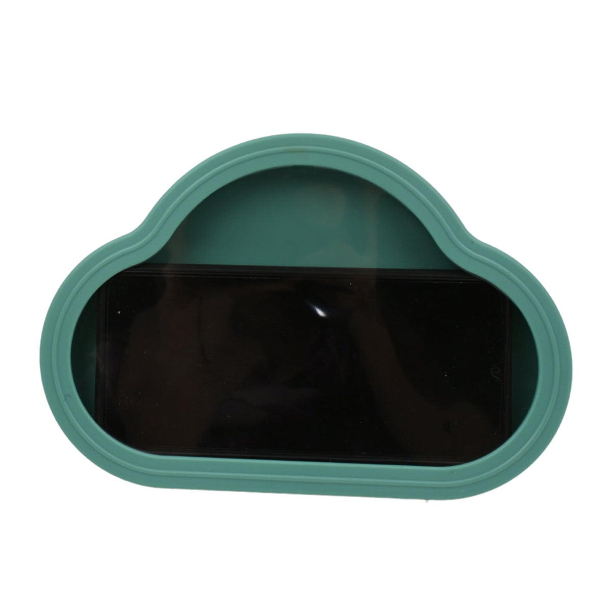 A teal cloud-shaped waterproof phone holder with a black screen, isolated on a white background.