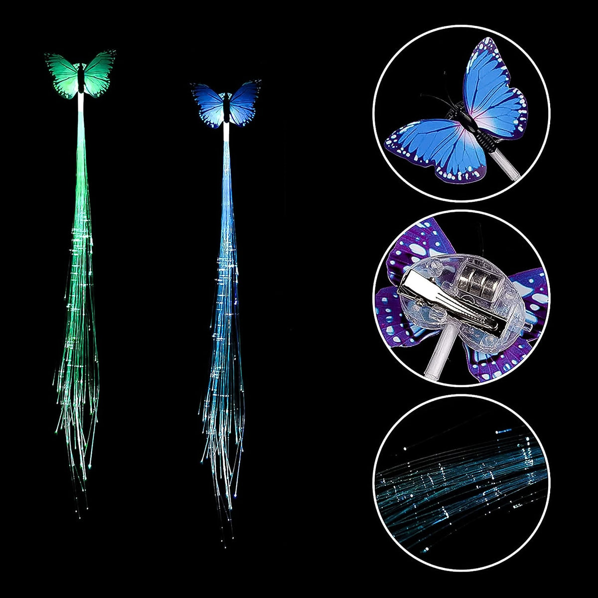 Two glowing butterfly hair clips, one green and one blue, are shown with fiber optic strands, with insets of a blue
