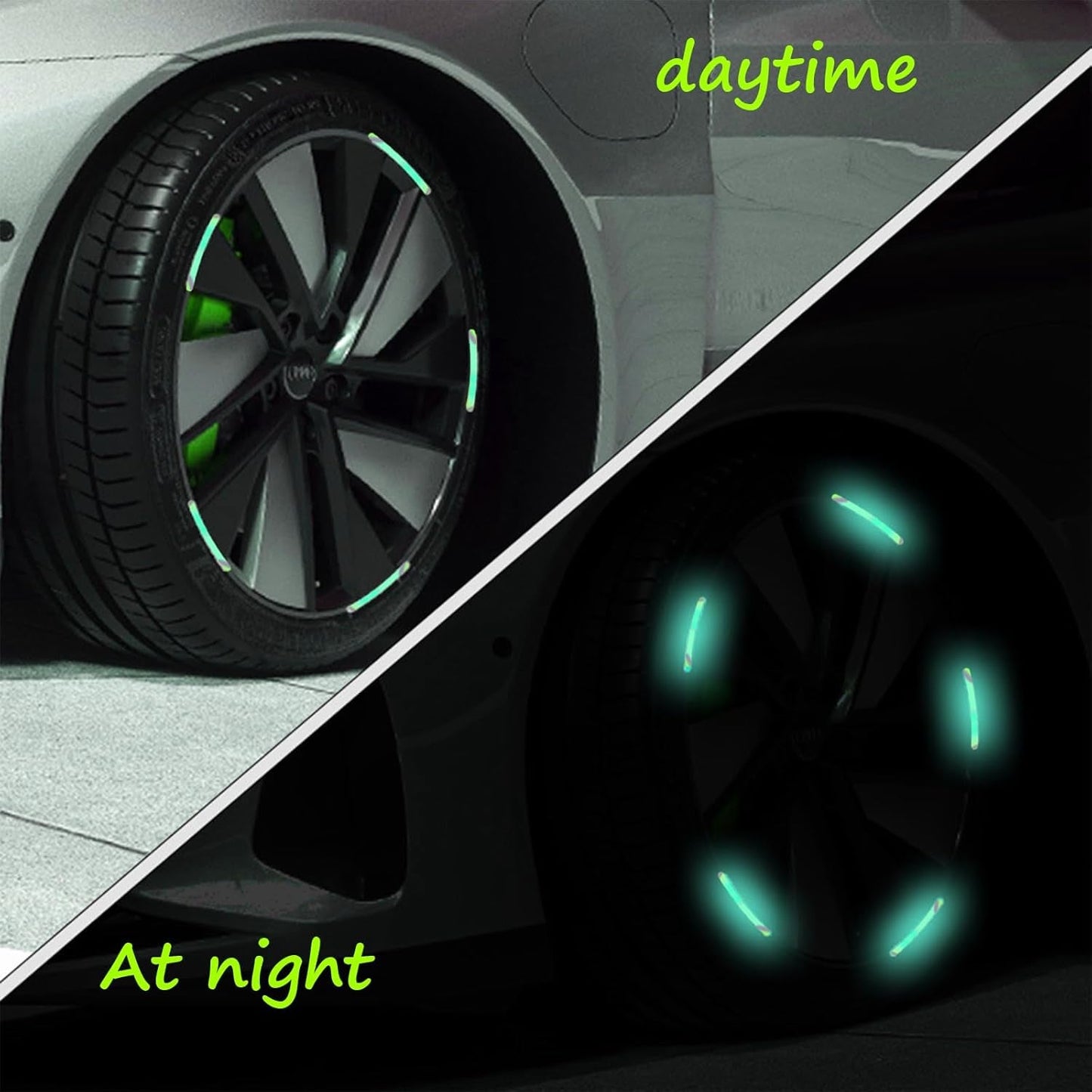 A split image showing a car wheel with green reflective stickers in daylight and glowing at night.