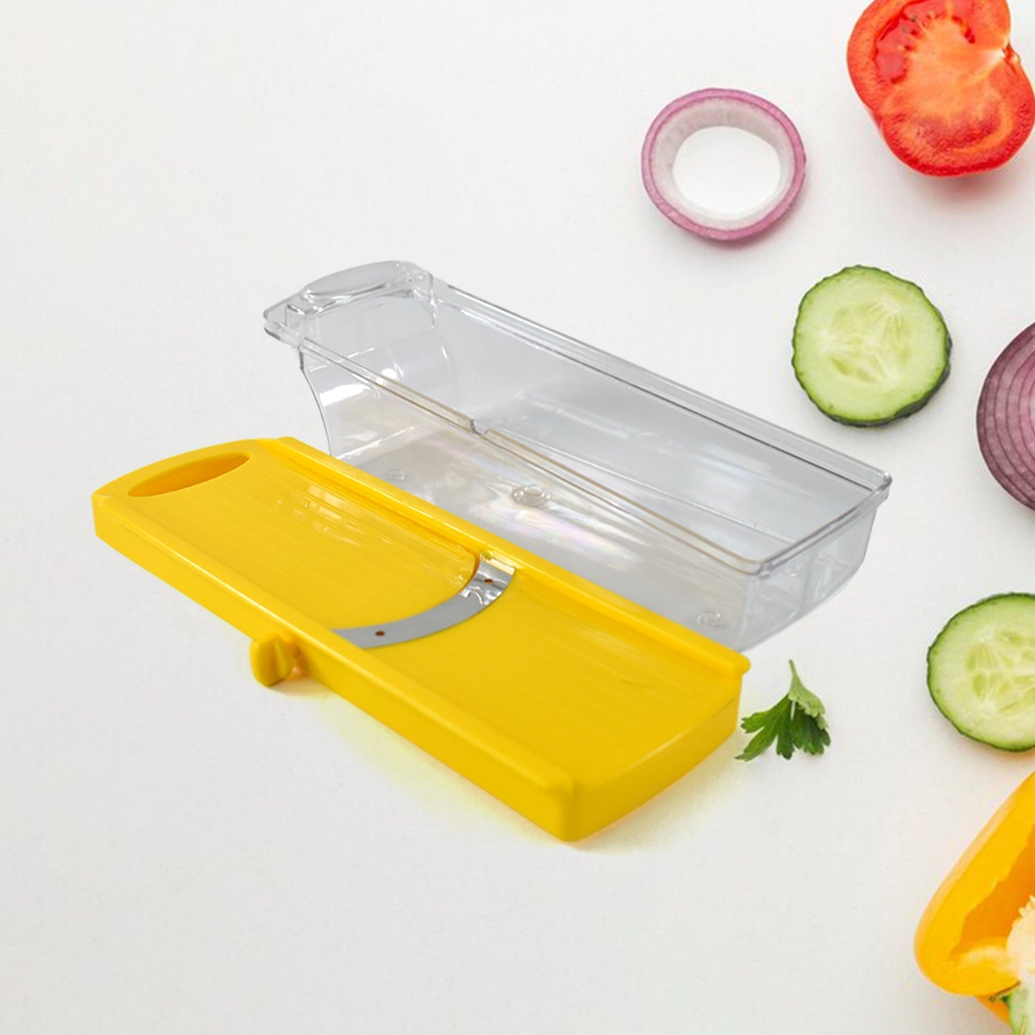Multipurpose slicer showing ergonomic design and safety hand guard