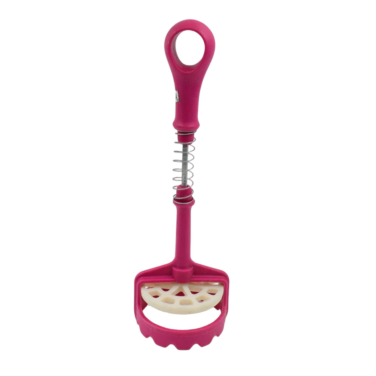A pink and white plastic potato masher with a spring mechanism stands upright against a plain white background.