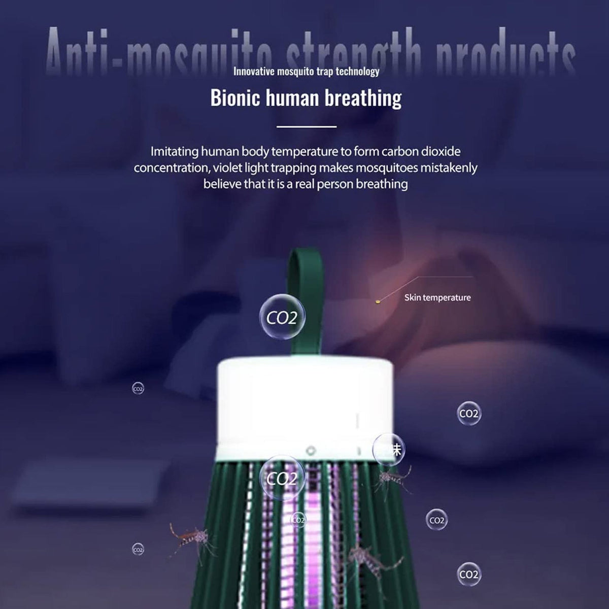 A green and white Mosquito Killer Lamp with a purple light is shown up close with text overlays about bionic breathing.