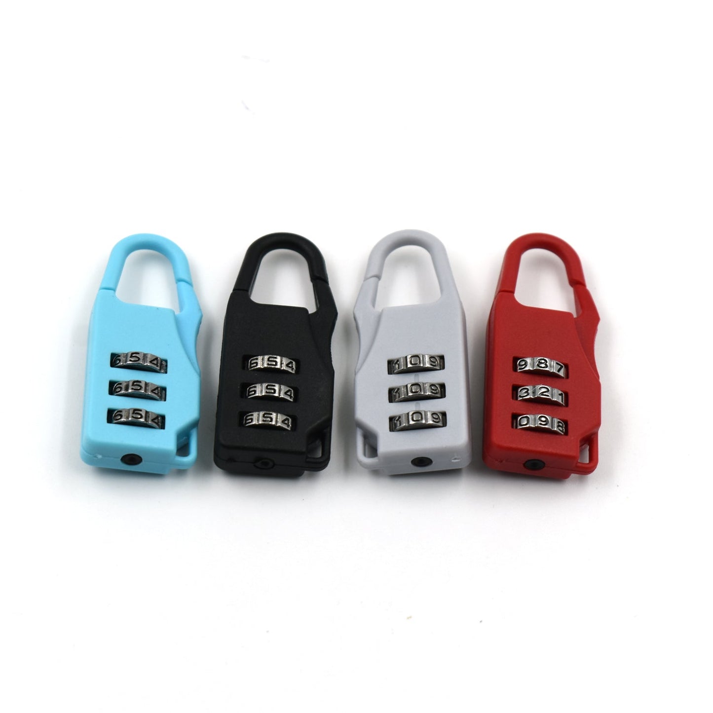 Four 3-digit combination locks in light blue, black, white, and red, lined up horizontally on a white background.